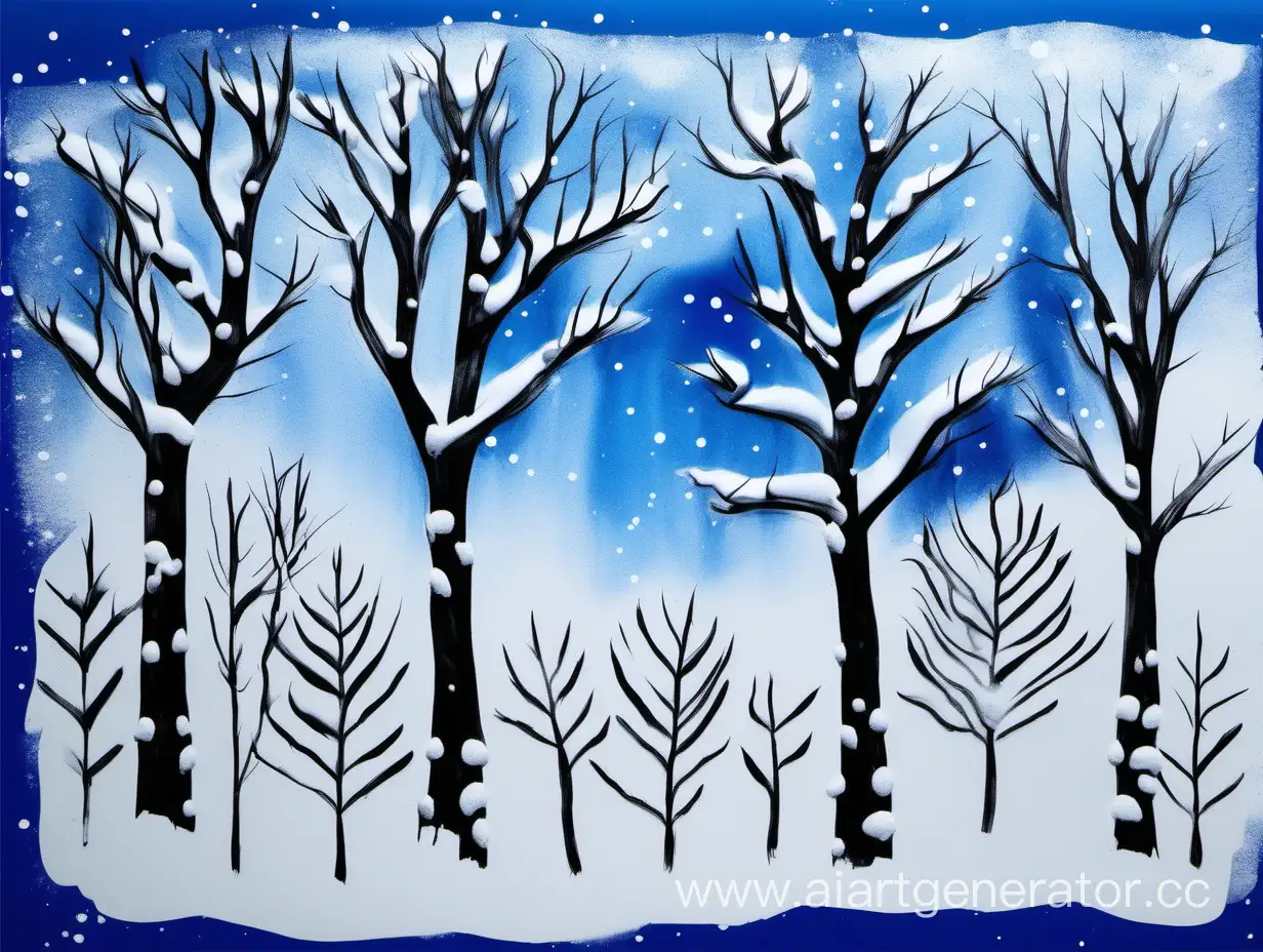 Детский рисунок красками, на синем фоне чёрной краской нарисованы деревья, на ветках деревьев белой краской нарисован снег, внизу белой краской нарисованы сугробы