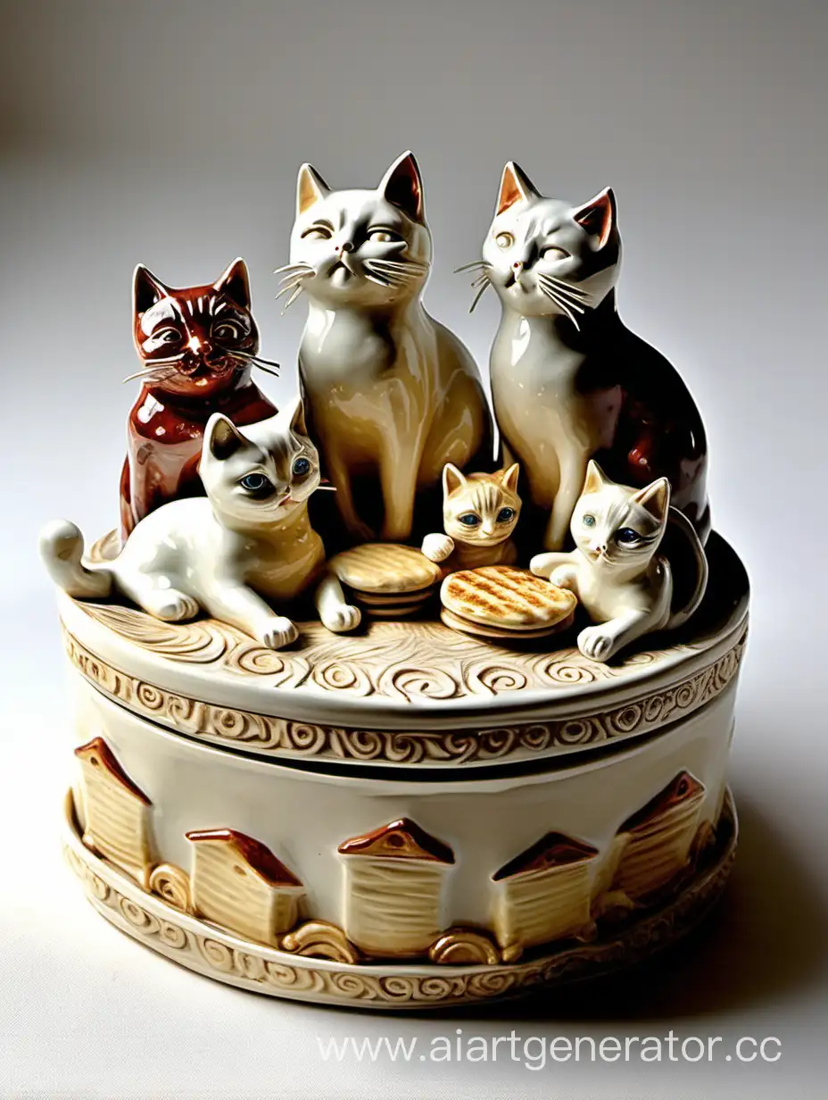 Playful-Kittens-on-Tablecloth-Ceramic-Box-with-Pancakes-and-Milk