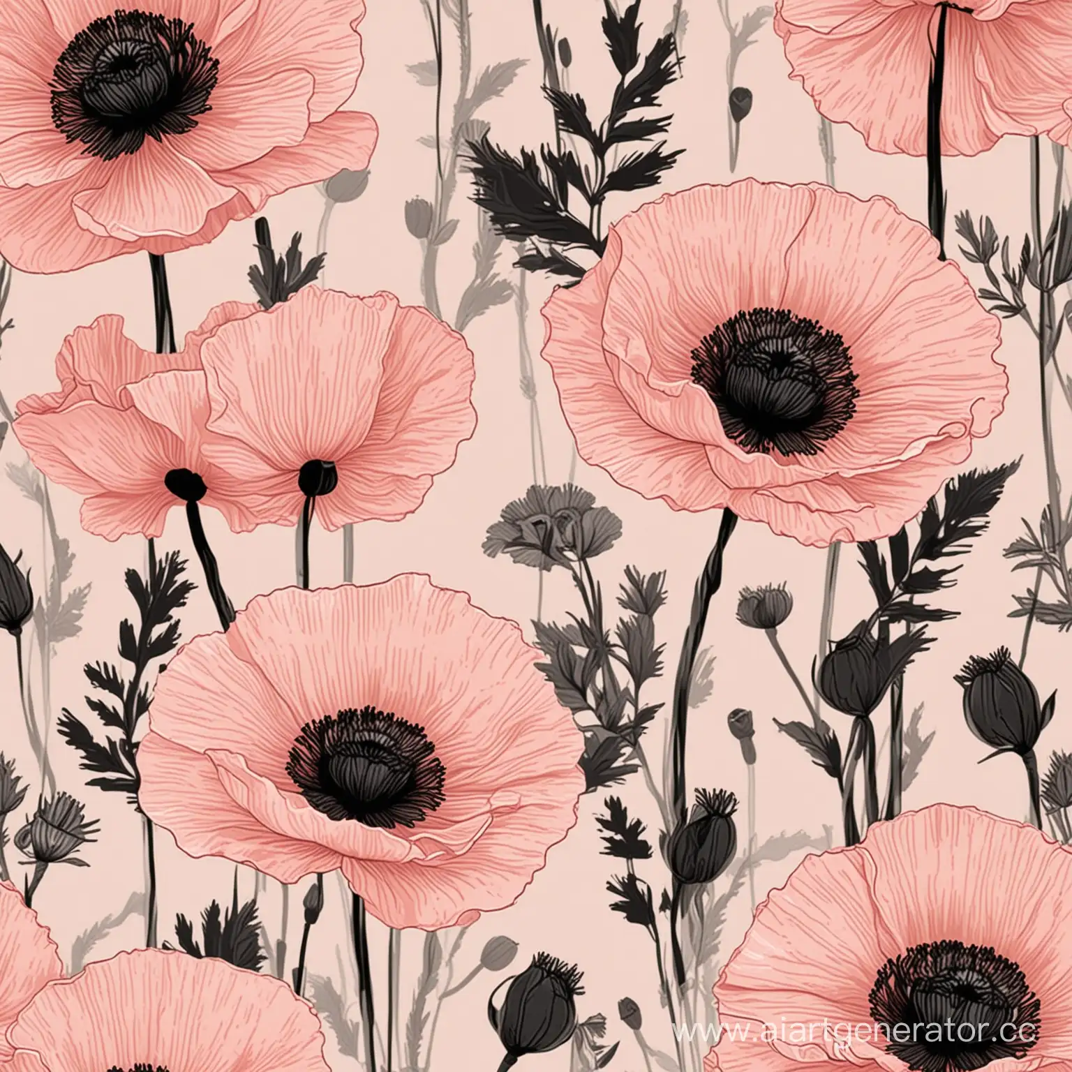 Floral-Seamless-Pattern-HandDrawn-Poppies-on-Light-PinkBlack-Background