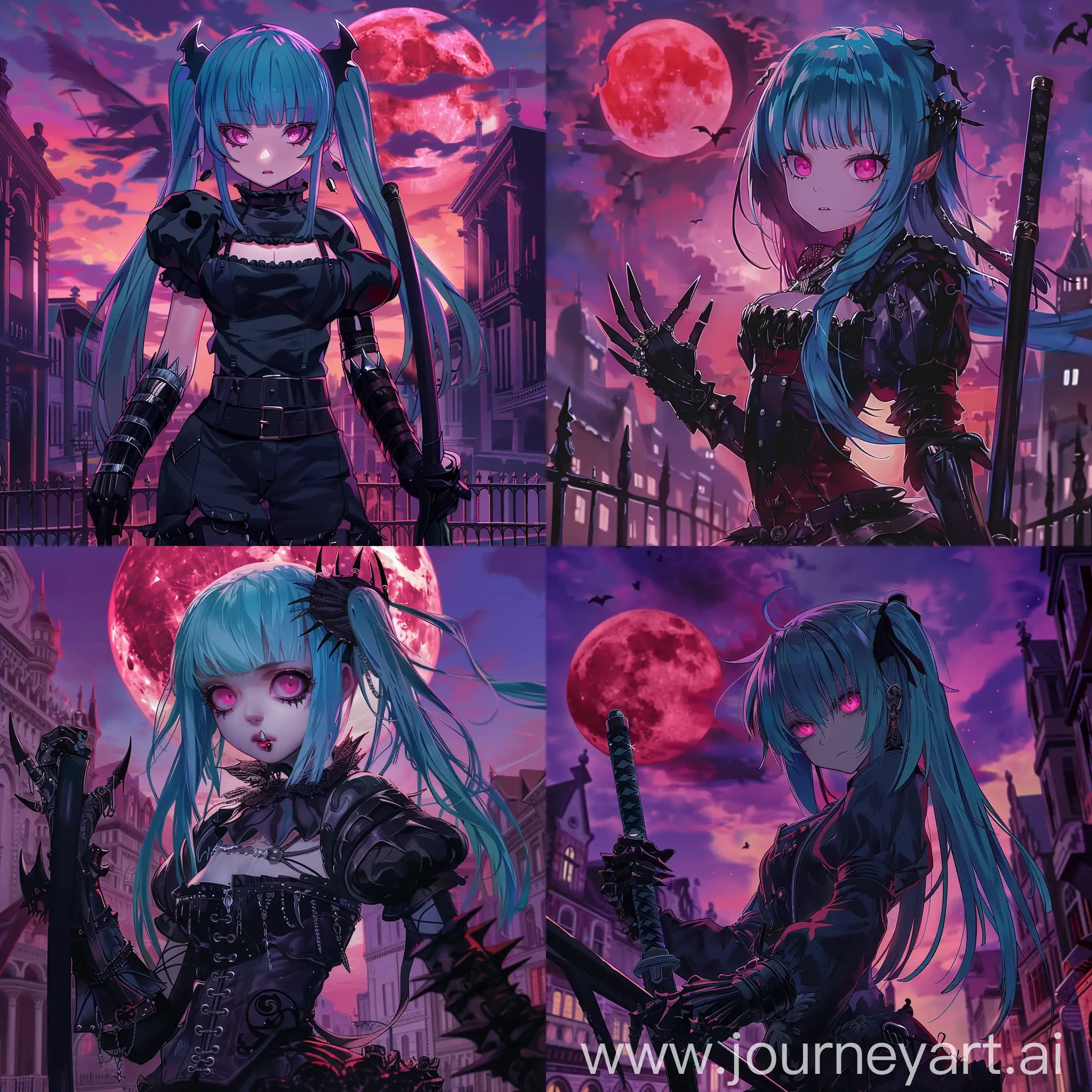 Dark fantasy, gothic horror, anime style.
Victorian city, purple sky, red moon.
Vampire girl, blue hair, pink eyes.
Black clothes, black metal claw gauntlets, black straight sword.