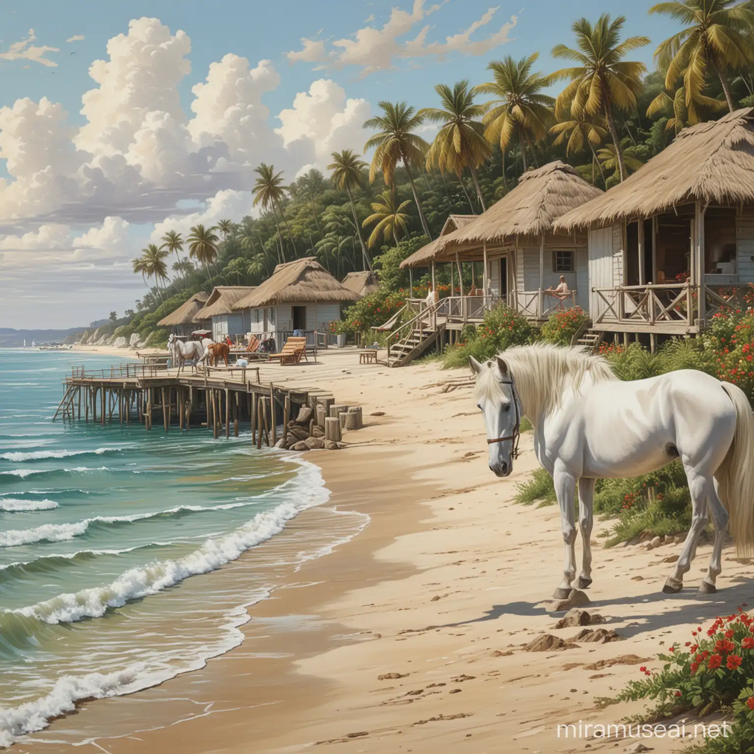 The image shows a group of huts on a dock overlooking the water. The setting appears to be a seaside resort in a tropical location. The scene includes a swimming pool, sun loungers, and a beach area with a view of the ocean.The image is a painting of a white horse running outdoors. It features a horse with a mane in motion on the ground.