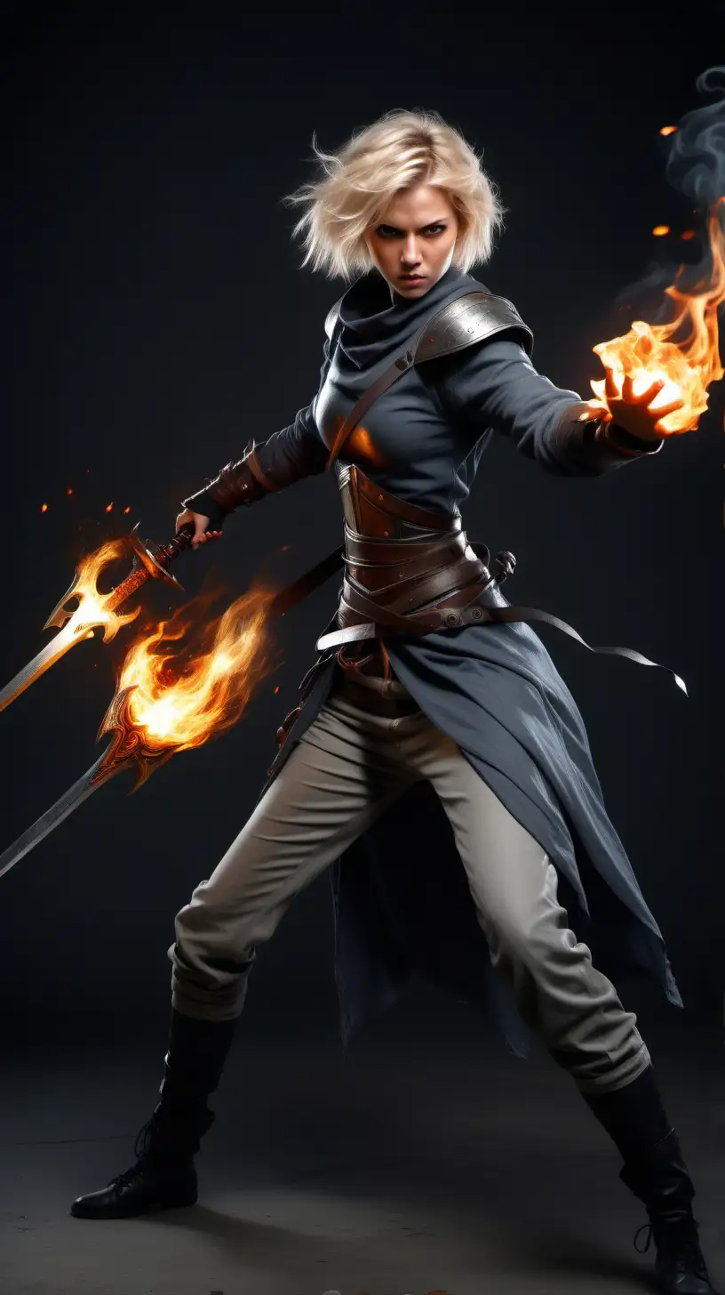 Photo realistic Pretty young tall, fit, short messy blonde hair, female spellsword, full body, in fighting stance, with fire powers, gray clothing
