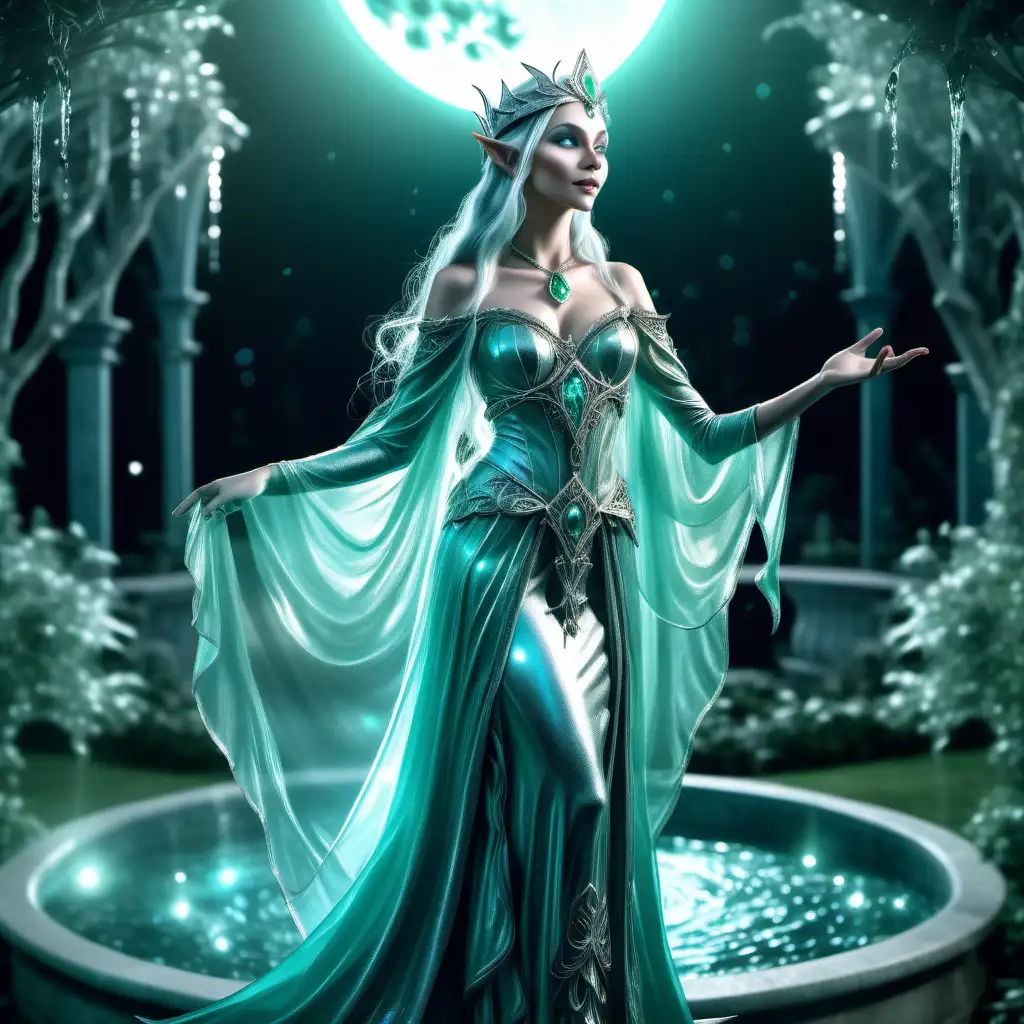 Fantasy elf queen standing in a bright moonlit garden, there is a fountain with shimmering aquamarine water she is gesturing towards.  silver and emerald colors, enchanted, magical, a bright aura surrounds