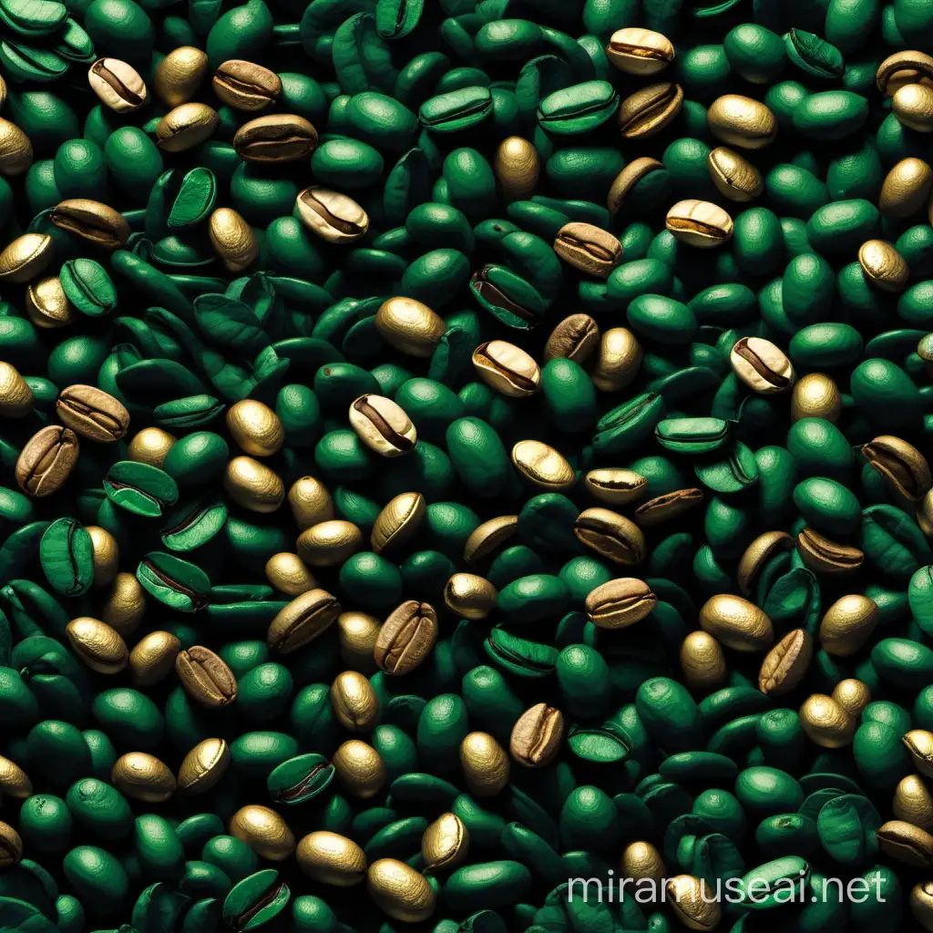 Create a background wall paper with the theme colours of dark green, gold, coffee beans and white
