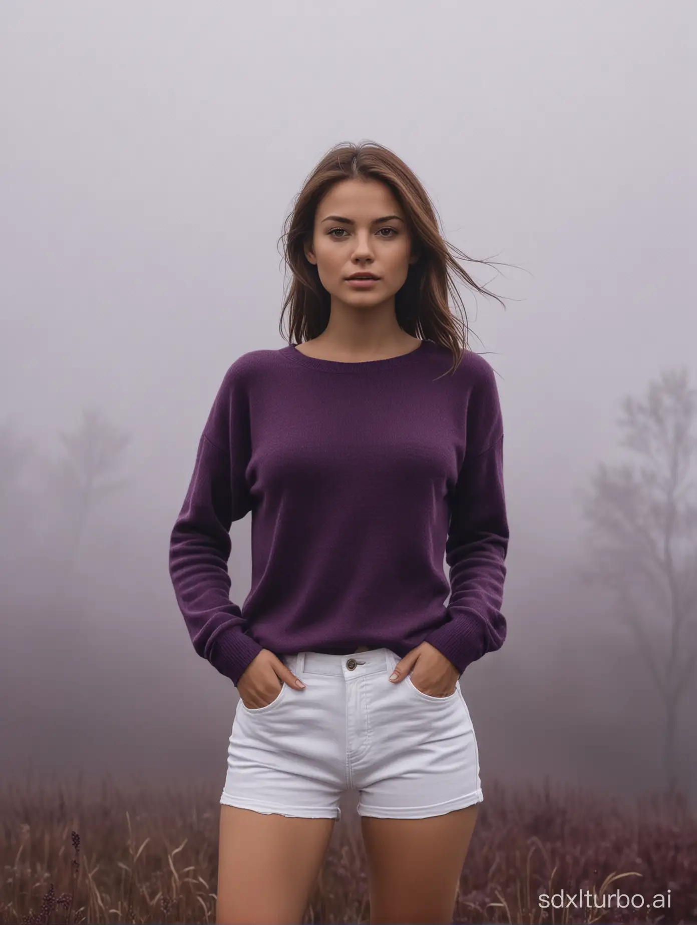 medium brown haired woman, slim body, small breast, wearing a dark purple sweater and a white short pants, standing on a higher ground, background below is a foggy clearing, realistic