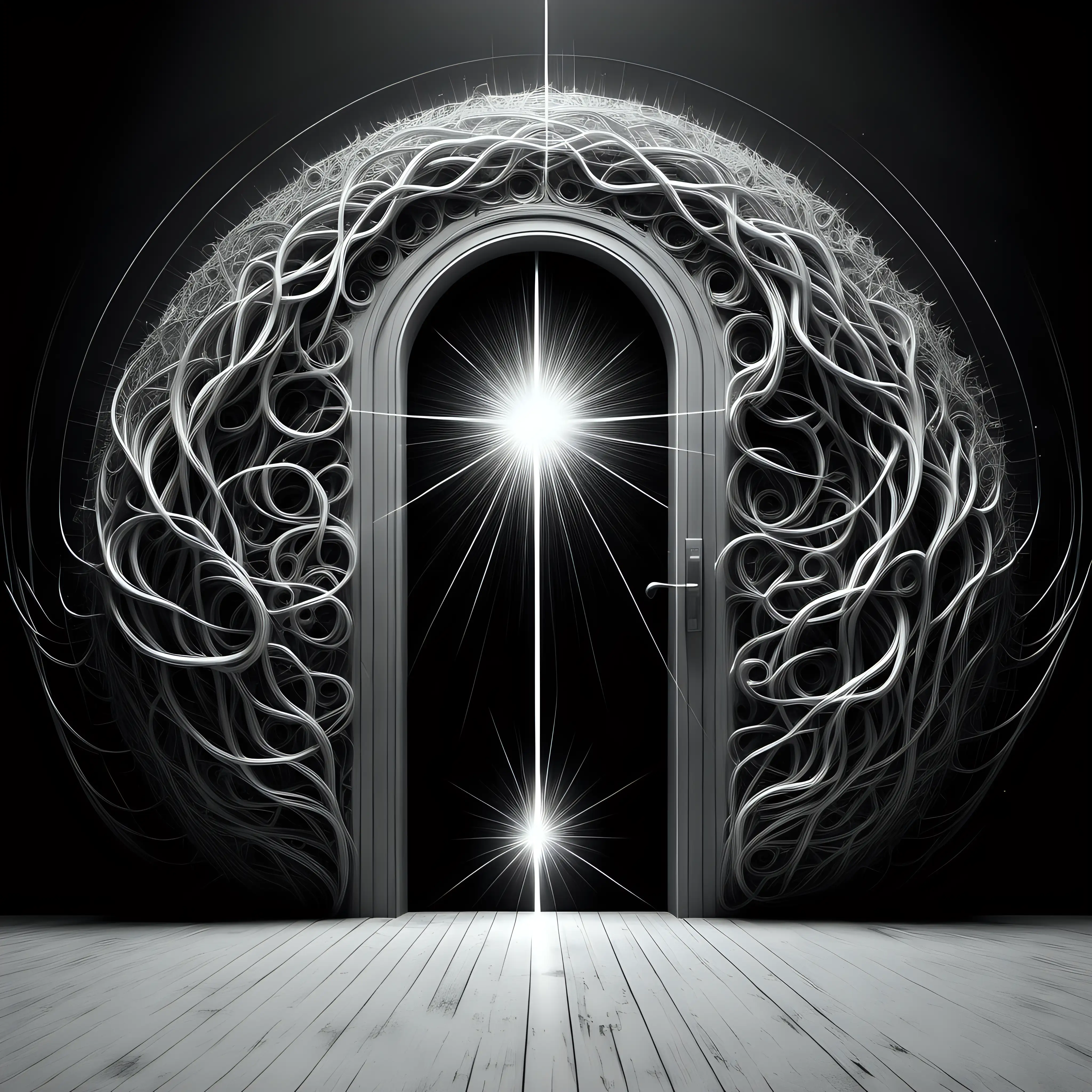 Surrealistic Black White Laser Door Symbolizing Eternal Hope