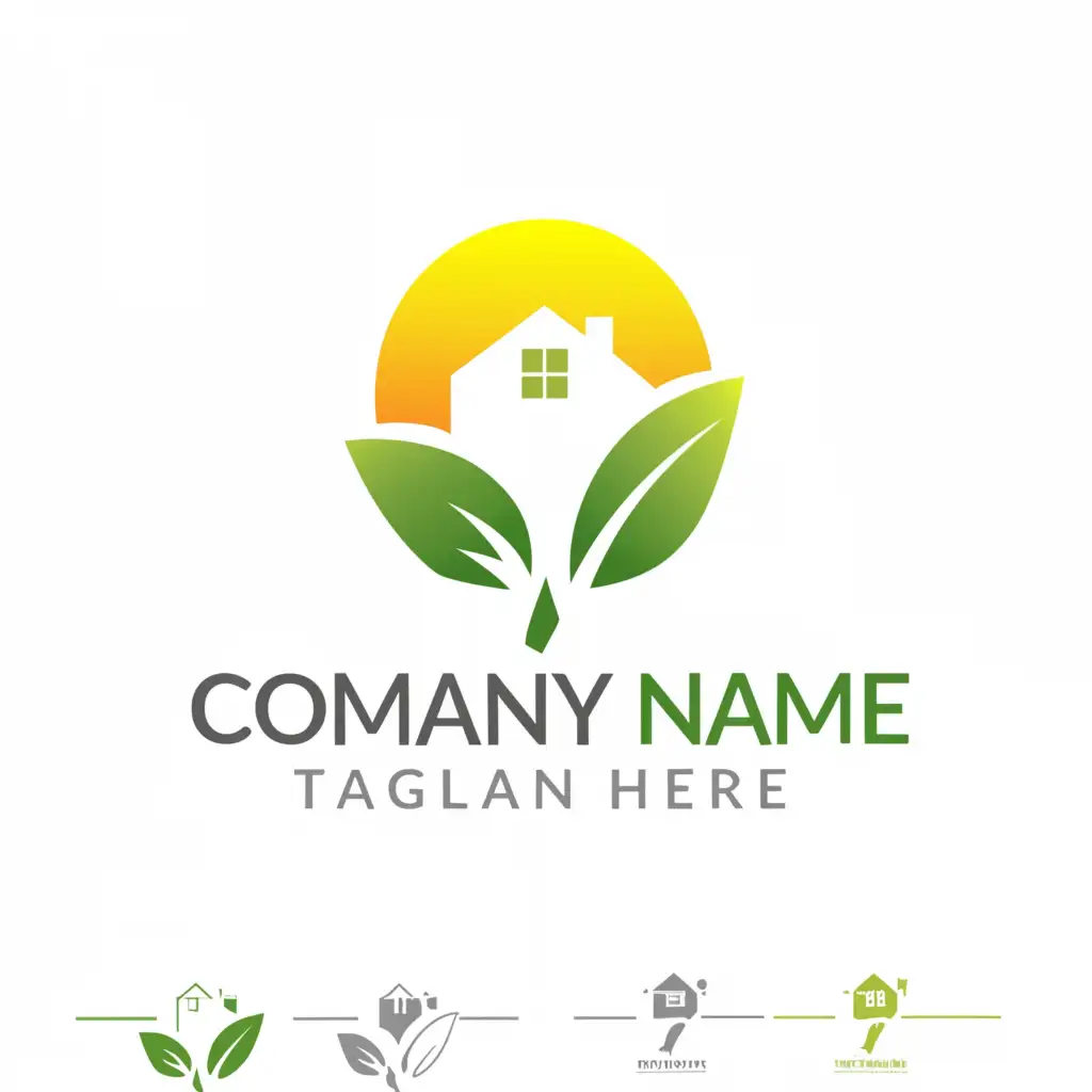a logo design,with the text "Energy company", main symbol:A green leaf joined to a house with the sun rising from behind,Minimalistic,clear background
