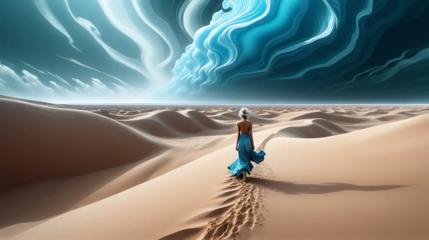 Psychedelic landscape, crystalline bluish mineral clouds, with nude woman walking on sand dune, wavy large desert dunes, mushrooms, and water on the ground, windy