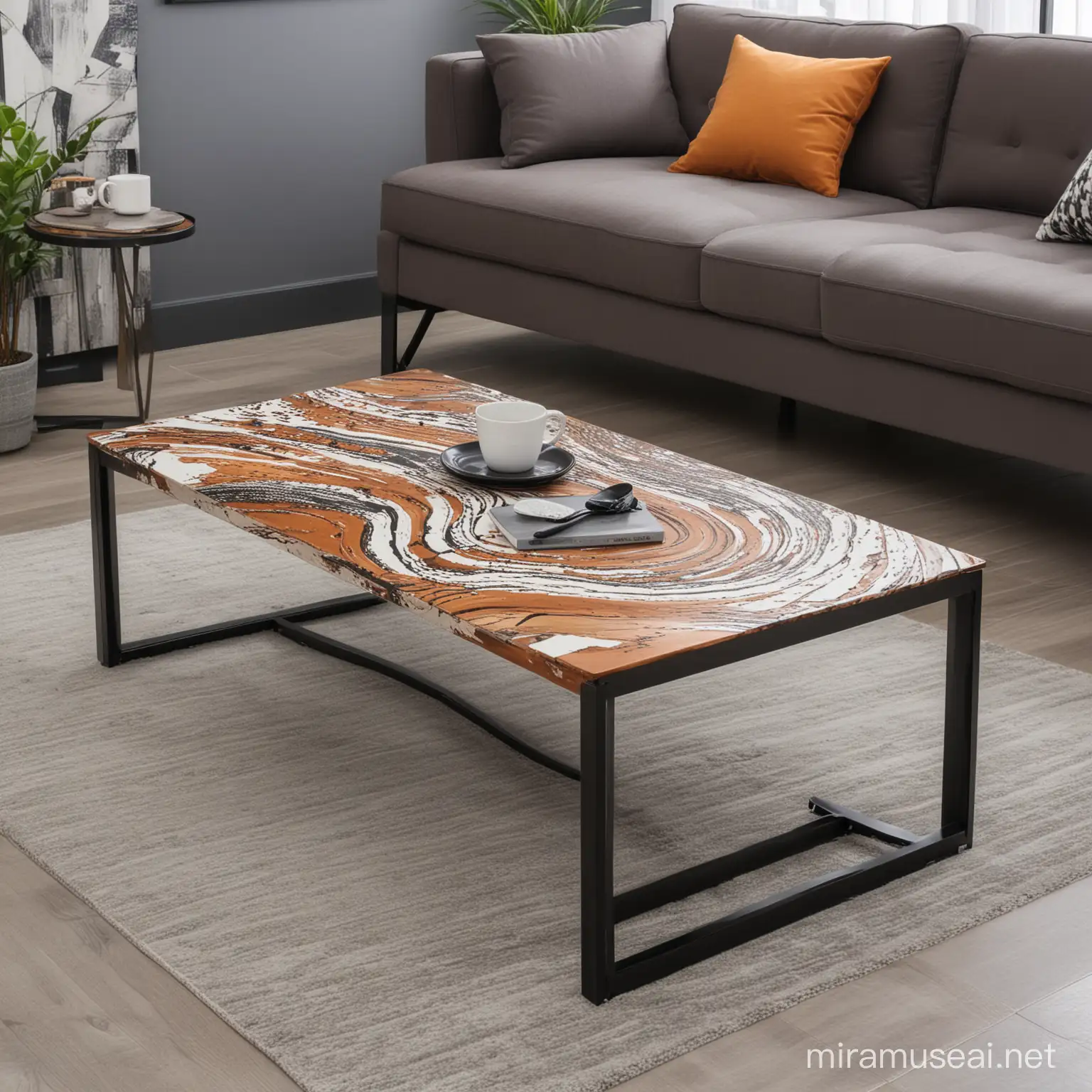 fusion industrial furniture coffee table with modern art curved surface top 