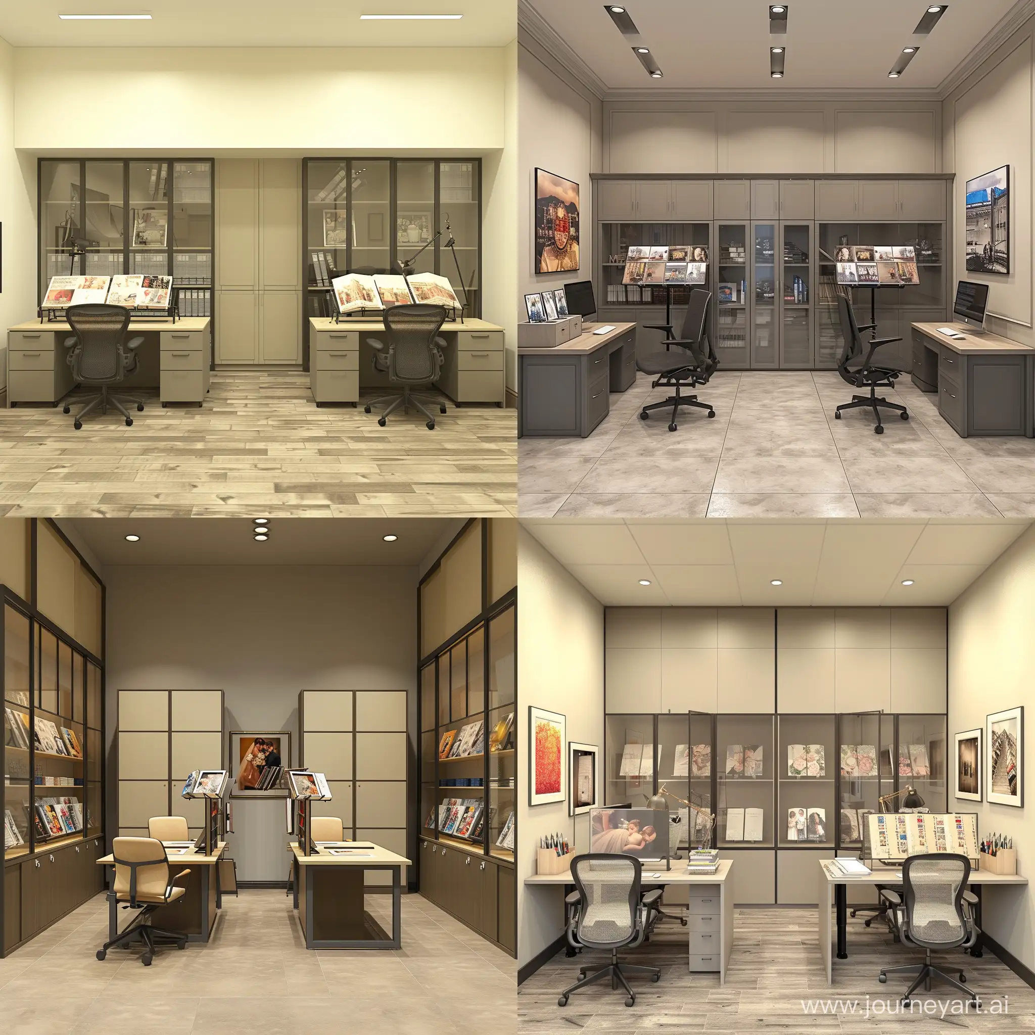 Designing a massive office space for a wedding photography studio with  two desks and two office chairs with big stands for displaying albums and separated desk place by glass partitions .  There will be cabinets for storing photo albums , creating a small exhibition space within the area ,architectural render , high quality 