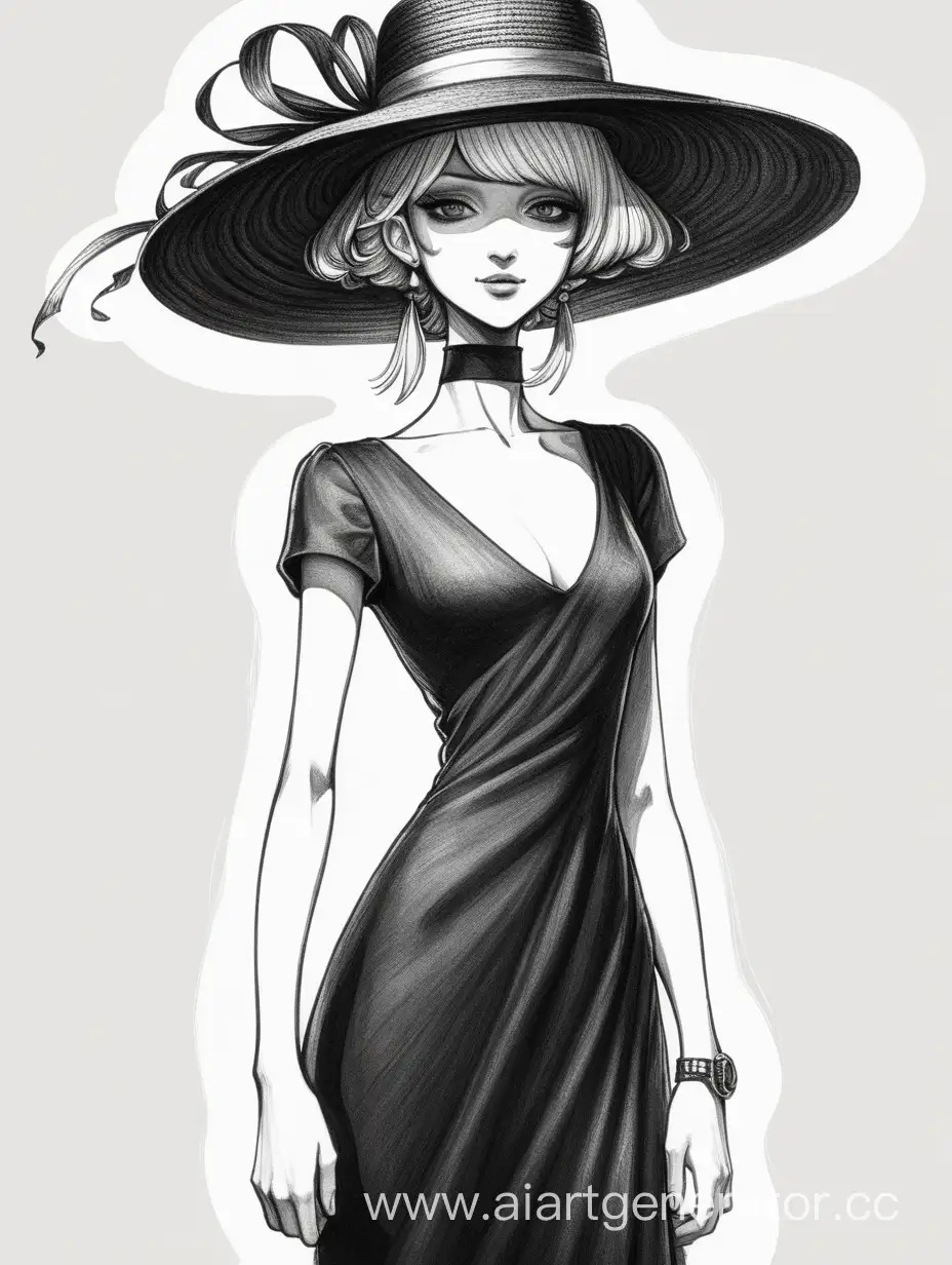 2D рисунок, высокая дама в черном платье, на голове широкополая шляпа