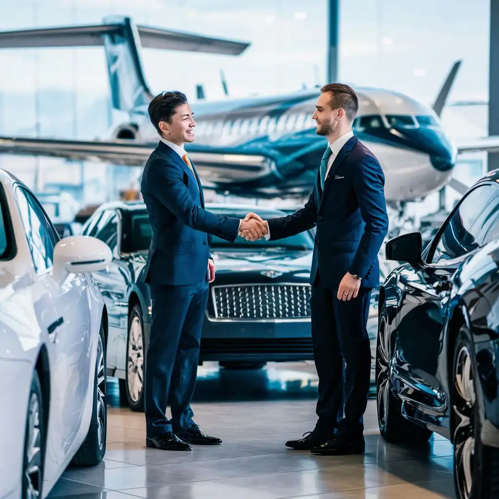 Business-Partners-Handshake-in-Modern-Car-Showroom-near-Airplane