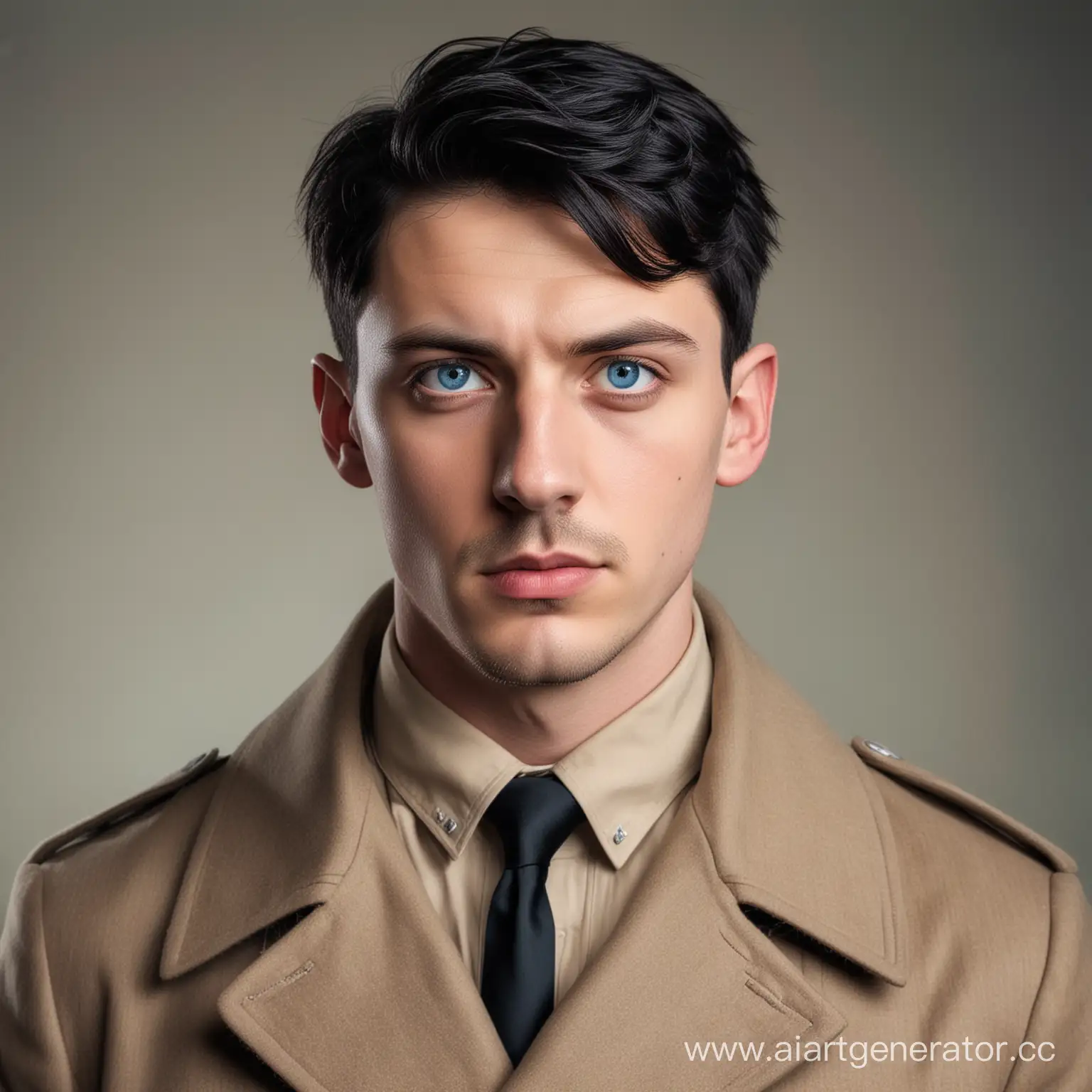 Портрет симпатичного молодого человека с худым скуластым лицом, голубые глаза, усталый взгляд, черные волосы, стрижка как у Гитлера, одет в пальто