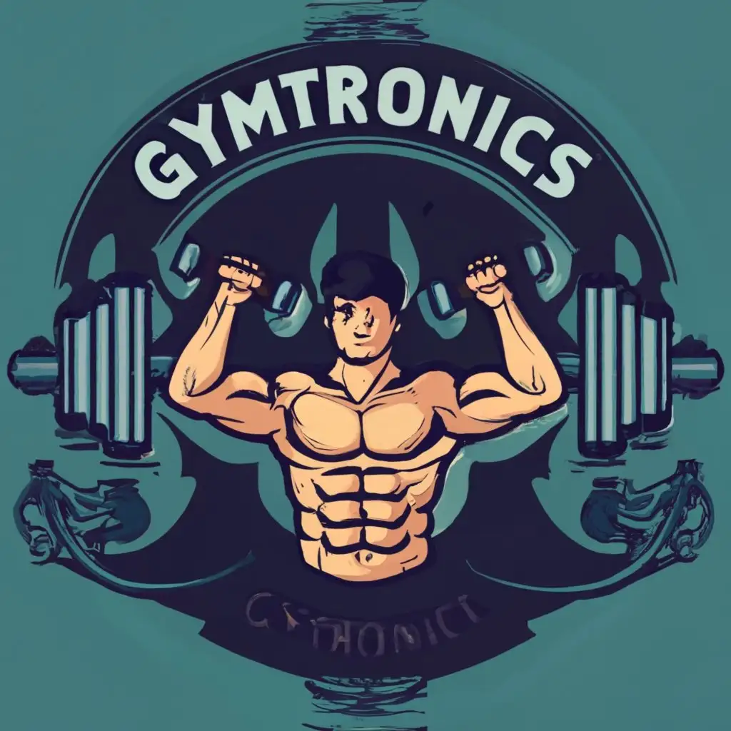logo, muscular guy with dumbbell, with the text "gymtronics", typography, be used in Sports Fitness industry