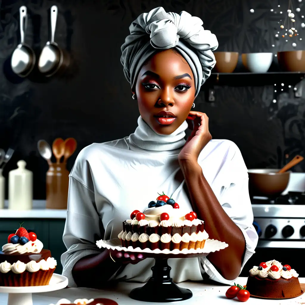 Stylish Black Woman Baking Ultrarealistic Cakes in Headwrap and Turtleneck