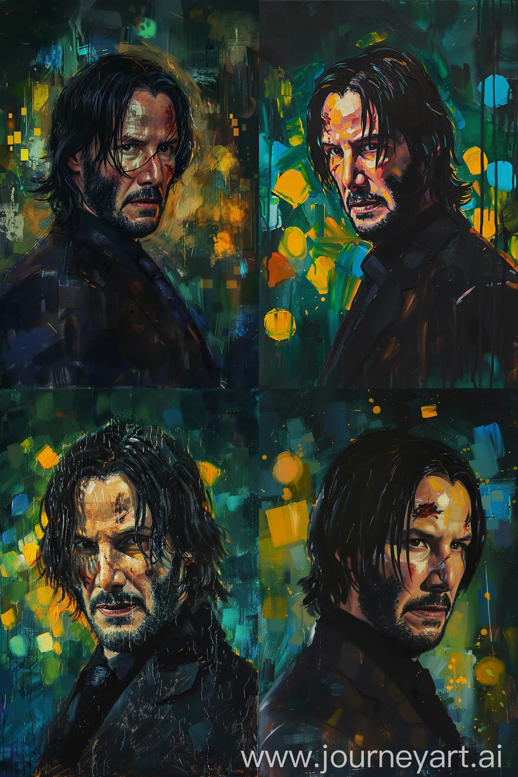 an oil painting of John Wick with deep greens, blues and yellows for the background to mimic the bokeh effect. pay attention to the texture of John wick's hair with a noticeable sheen, indicating it might be wet or styled with a glossy product. His attire is likely a dark garment with a high collar, should be depicted with the dark shades to match the dimly lit scene. the overall atmosphere should be moody and intense, focusing on the interplay of light and shadow. Additionally, include solid color blocks over the face in mustard yellow and deep brown to maintain the abstract element of the painting --ar 4:6 --c 5