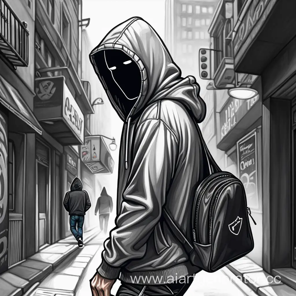 Нарисуй хакера с портфелем идущей по улице в капюшоне