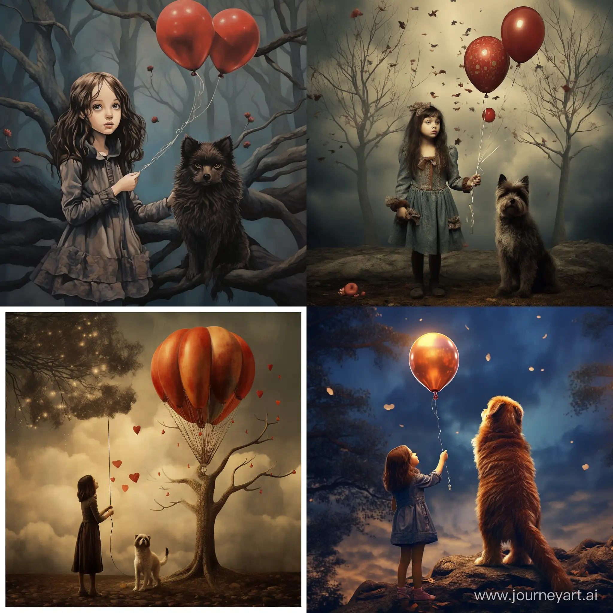 Adventurous-Girl-with-Dog-and-Air-Balloon-by-the-Tree