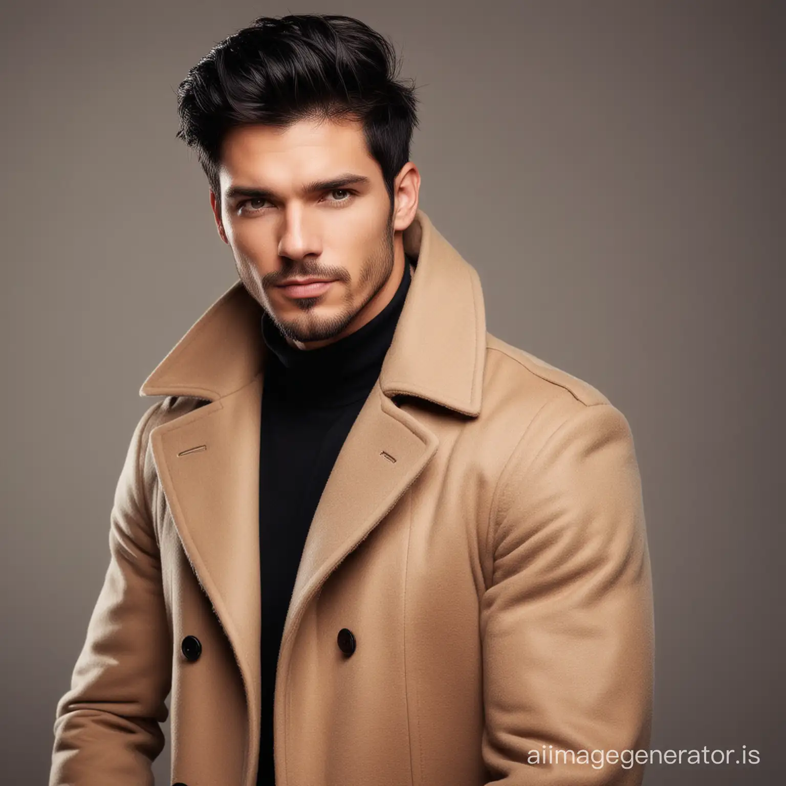 rich hansome man in coat with black hairs