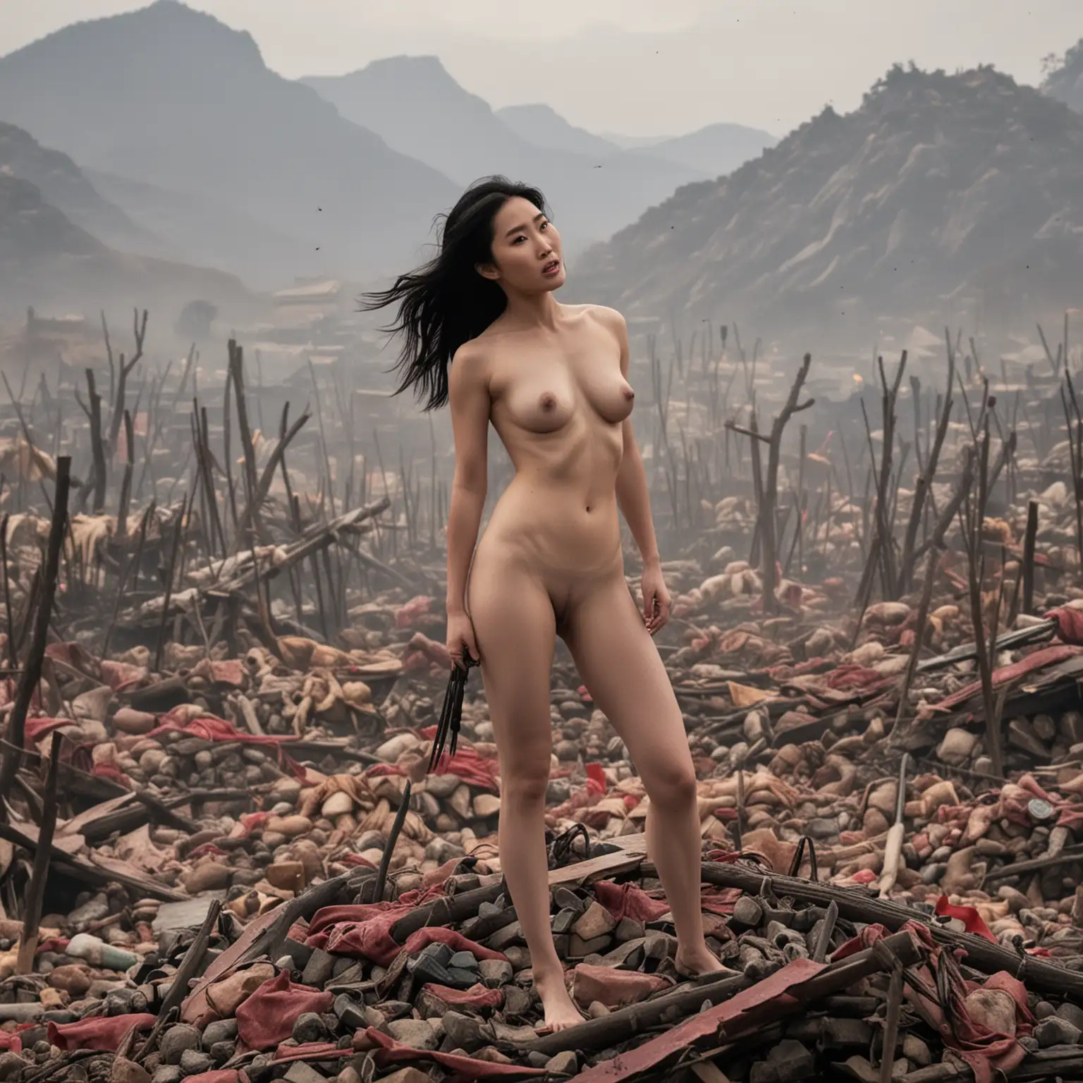 Photo of Mulan, standing  completely naked, proud and triumphant on a pile of enemy corpses.