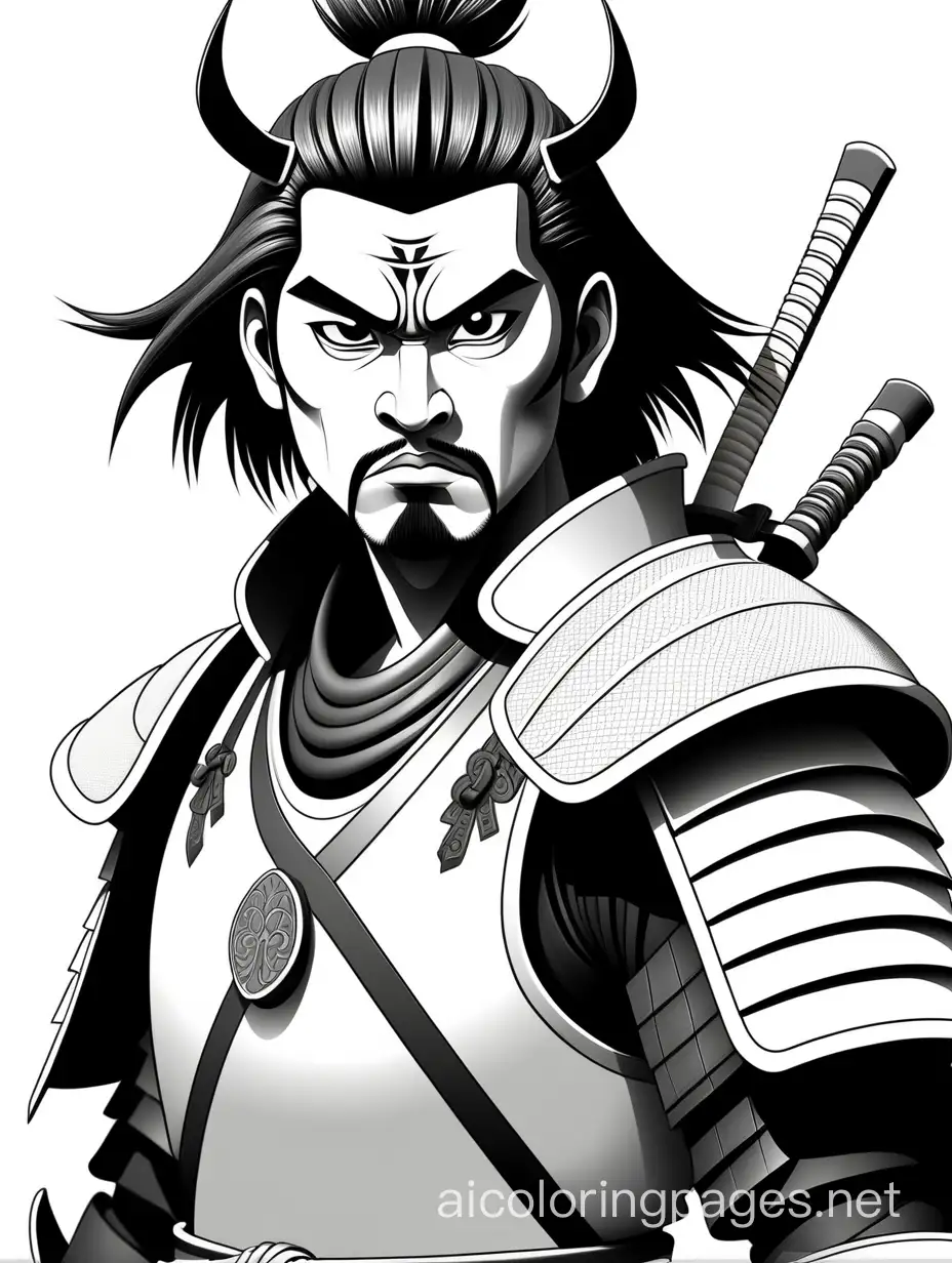 Powerful Gothic wonderland, armoured handsome Samurai soldier, Coloring Page, black and white, line art, white background, Simplicity, Ample White Space. The background of the coloring page is plain white to make it easy for young children to color within the lines. The outlines of all the subjects are easy to distinguish, making it simple for kids to color without too much difficulty