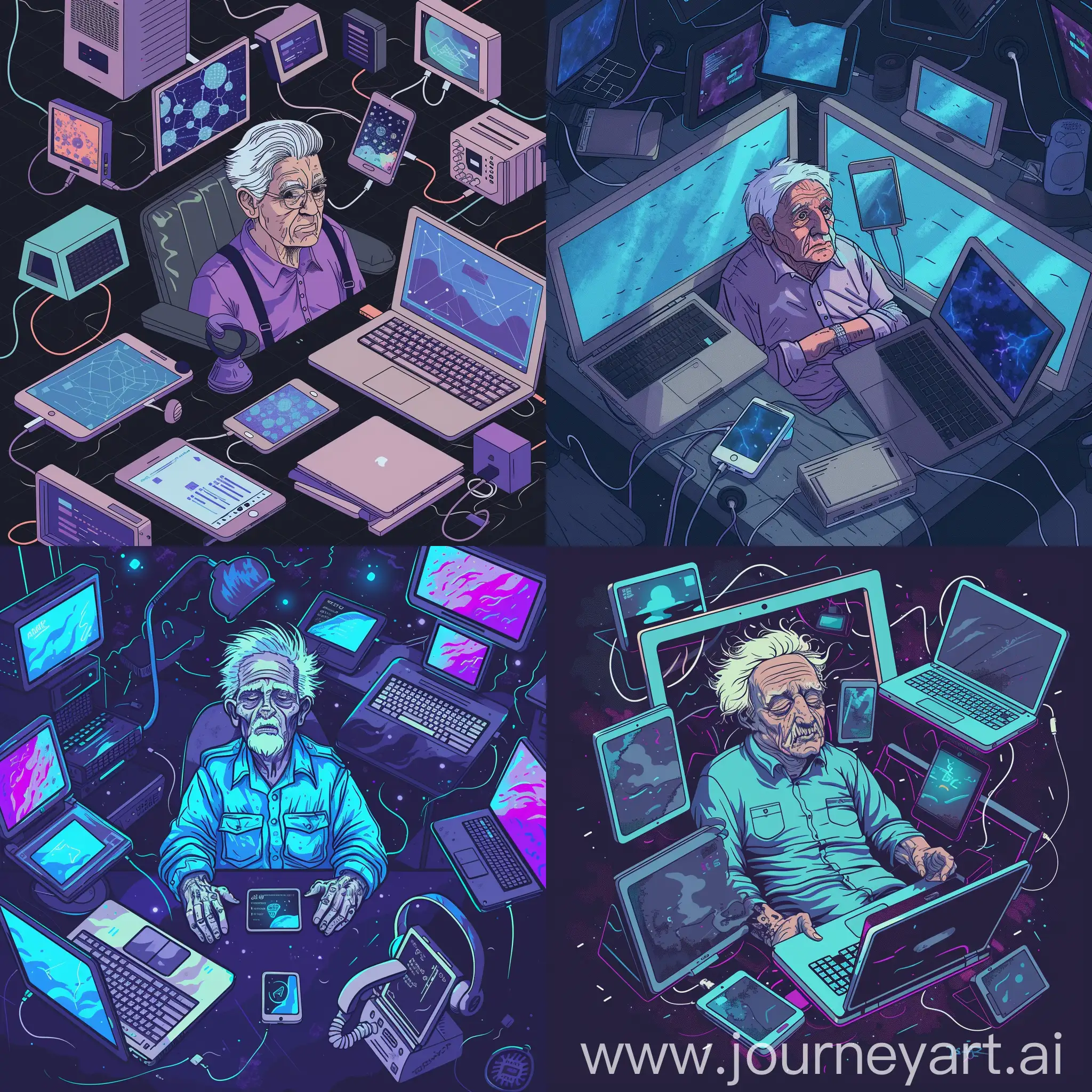 
I intend to design an NFT artwork using digital art. My NFT has the following characteristics and details:

The image type should be digital art.

Human interaction in modern societies has been influenced by factors such as technology and innovation. An elderly man is depicted inside a room surrounded by communication devices such as smartphones, laptops, and a computer phone. However, due to excessive use of virtual space and social media, his interaction in the real world has decreased. He has lost his non-physical communication skills due to constant use of messaging apps and social networks, and has difficulty in creating and maintaining personal relationships, feeling intensely lonely. The use of technology may alter social behaviors, such as reducing interpersonal interactions and social skills like social etiquette. Overall, the use of technology can have effects on human interactions, but it is important for individuals to have the ability to manage and control their usage to prevent the decline of human interaction.

The color patterns I have in mind for this design include:

Absolute Blue: #0D47A1
Aubergine Purple: #4527A0
Dark Slate: #263238
Leather Black: #212121
Blue White: #E0F7FA

