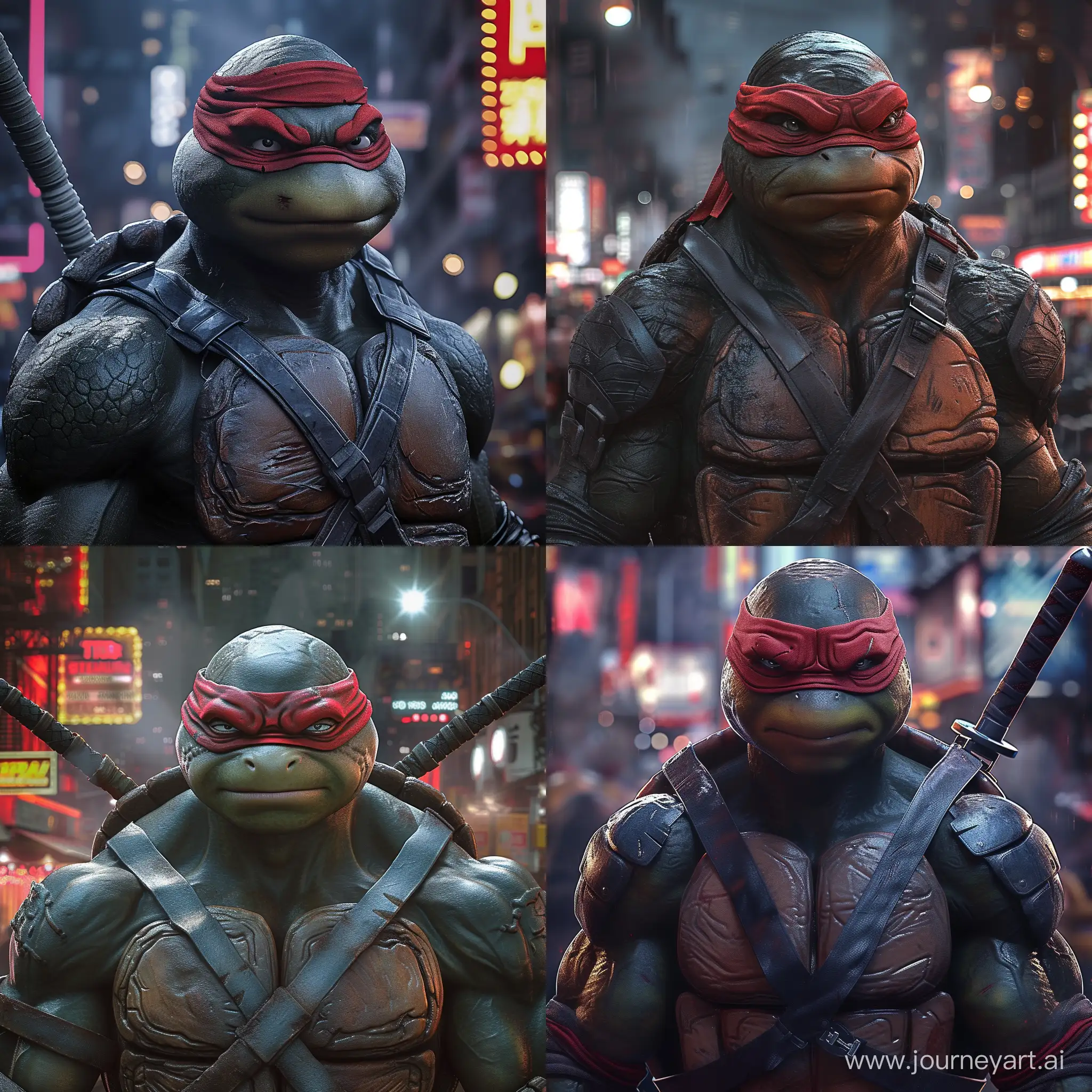 Create a detailed and realistic description of a close-up depiction of Raphael from the Teenage Mutant Ninja Turtles. The description should include his confident posture, wearing a red bandana over his eyes, a serious and somewhat stern facial expression, and muscular arms. He should be depicted in a dark, textured suit of armor-like plating covering his chest and shoulders, with various straps and belts across his torso. The background should be a blurry, bustling urban night scene, possibly suggesting a city like New York, with dim and atmospheric lighting and neon lights glowing in the distance. The description should convey the high-quality, high-resolution, and lifelike appearance of the image, emphasizing the attention to texture and lighting that enhances the character's realism.