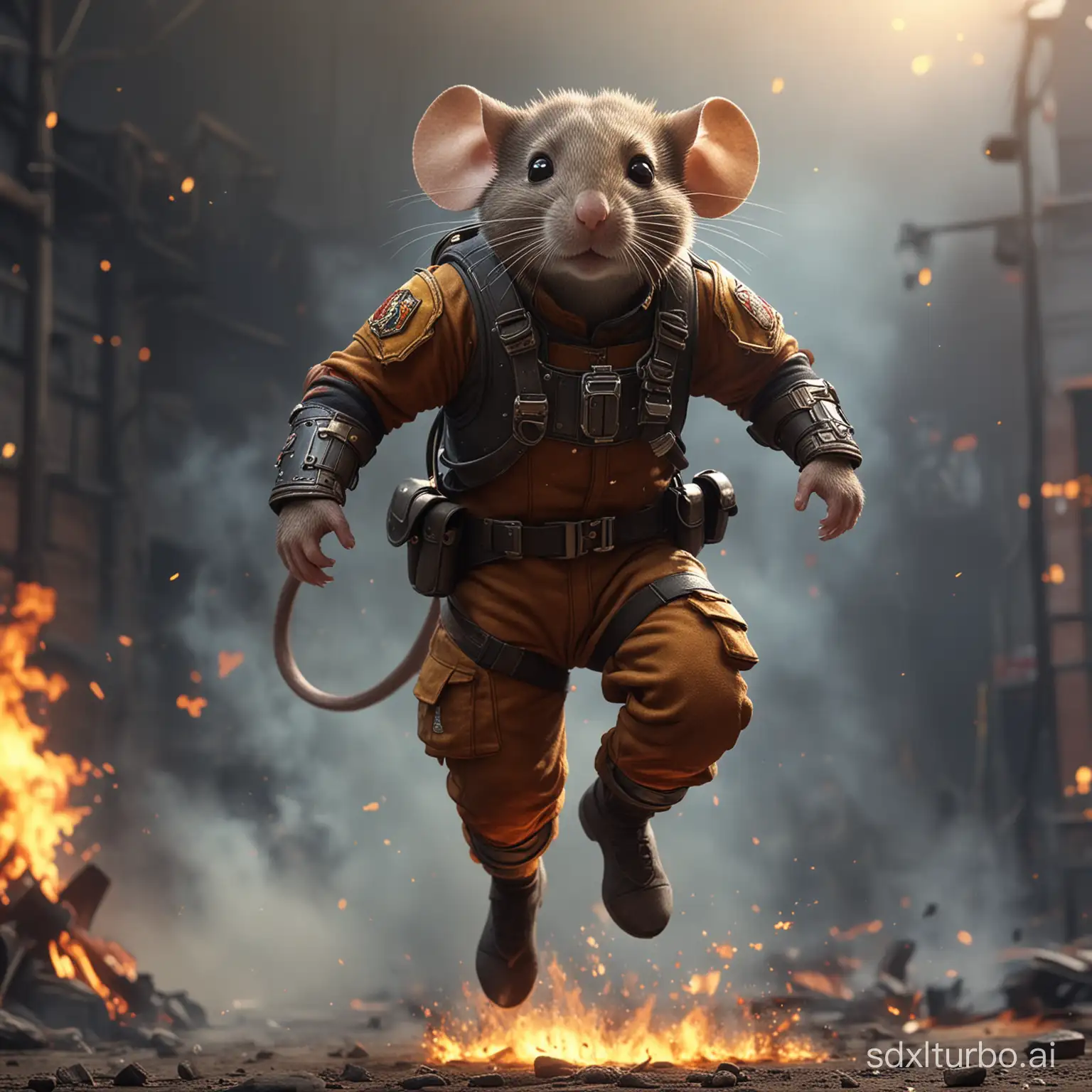 small mouse in human form, in the air, muscular, fighter, firefighter armor, 4k, photorealistic, cinematic lighting, fire in the background