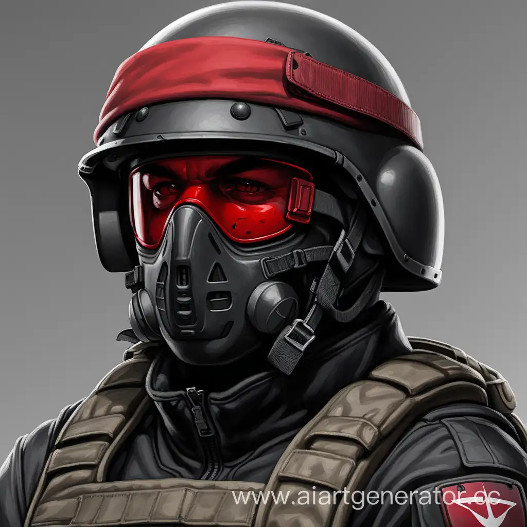 солдат, в черном шлеме ,с красным визором, в полумаске , в серо красной униформе, в черном бронежилете
