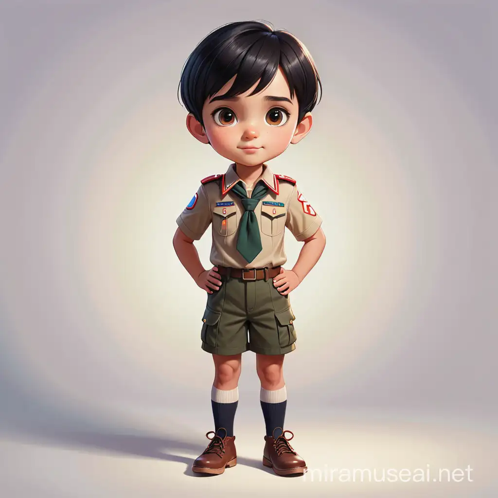 a male kid have 9 years old , have a very very short black hair , big dark brown eyes, round face , light skin , scout uniform, show the full body of her. cartoon type . 