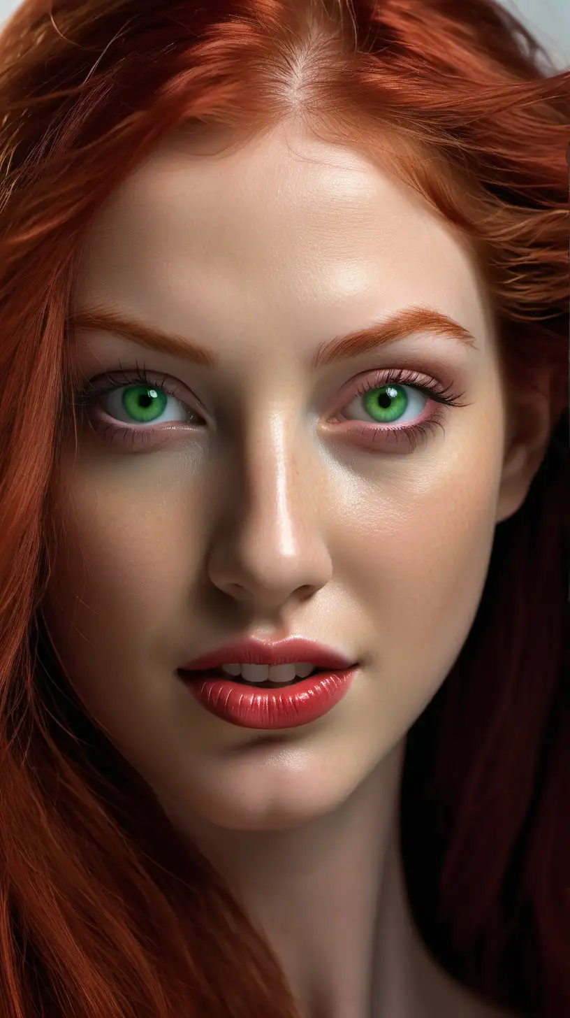 Hyperrealistic Portrait Captivating Magella Green with Long Red Hair for Cover Girl Magazine