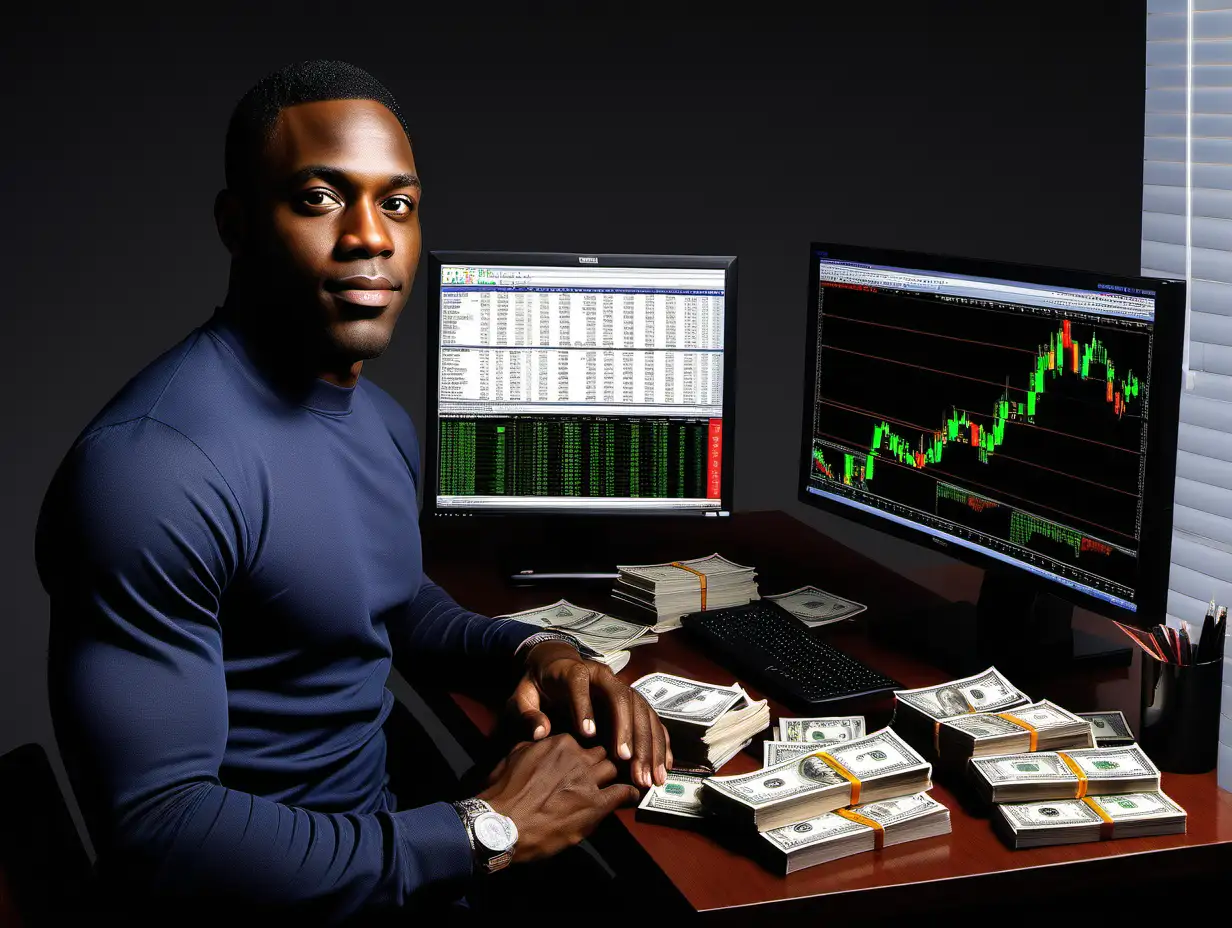 create an image of a mid 30 year black male On the table beside him, you spot a neat stack of U.S. dollars, a big Dell monitor, a bookshelf of  forex trading books and Financial 
 literacy books, a tangible representation of his hard-earned profits. The trading account balance on his MT5 platform reads a staggering $2,000,000—a testament to his skill, discipline, and dedication.