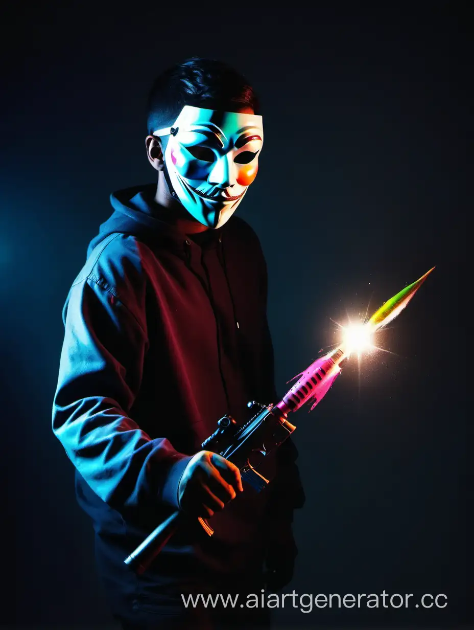 Человек в маске с оружием, разноцветный, прожектор, краски