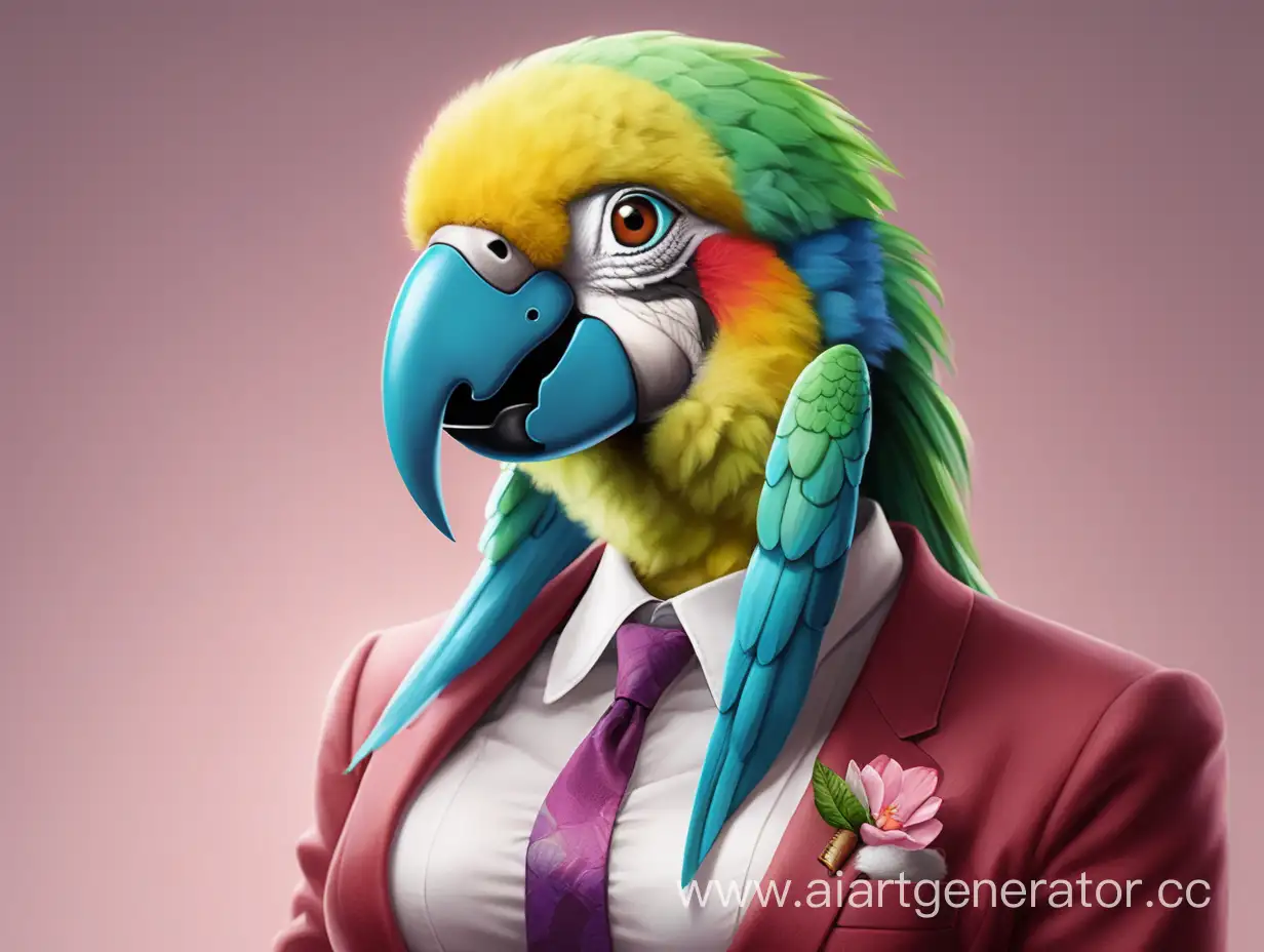 The parrot furry girl is bald and has a very long beard