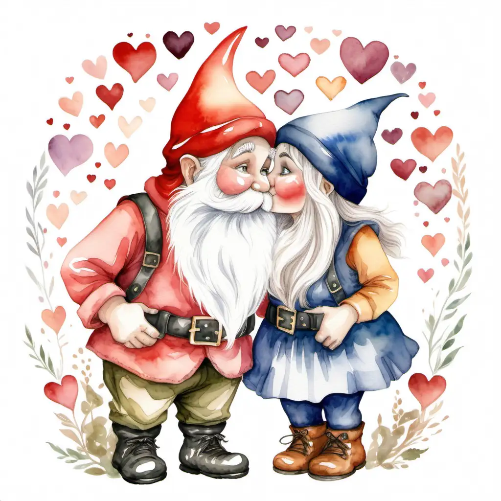 watercolor style, 1 male gnome with a white beard kisses a 1 female gnome without a beard. hearts surround them on white background. 