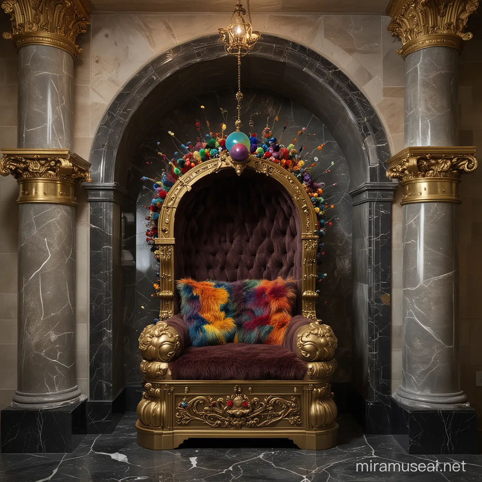 A Giant jewel encrusted Tartigrade sits in a throne, colorful furry caterpillars climb the walls in a barrel vaulted throneroom, polished dark marble, brass railings, glass sphere