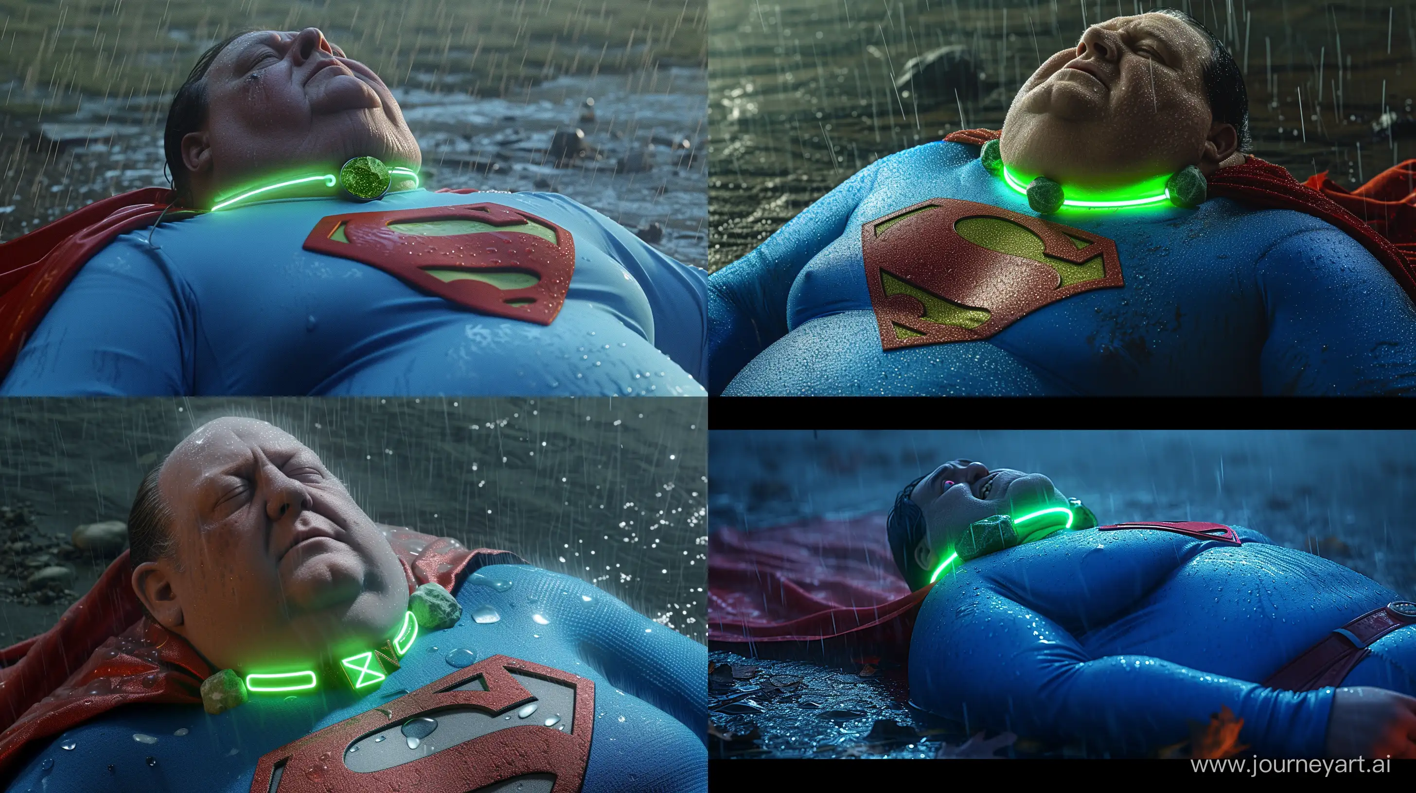 Close-up photo of a fat man aged 60 wearing a tight blue 1978 smooth superman costume with a red cape and tight green glowing neon dog collar with a glowing green rock on the neck lying in the rain. Natural Light. River. --style raw --ar 16:9