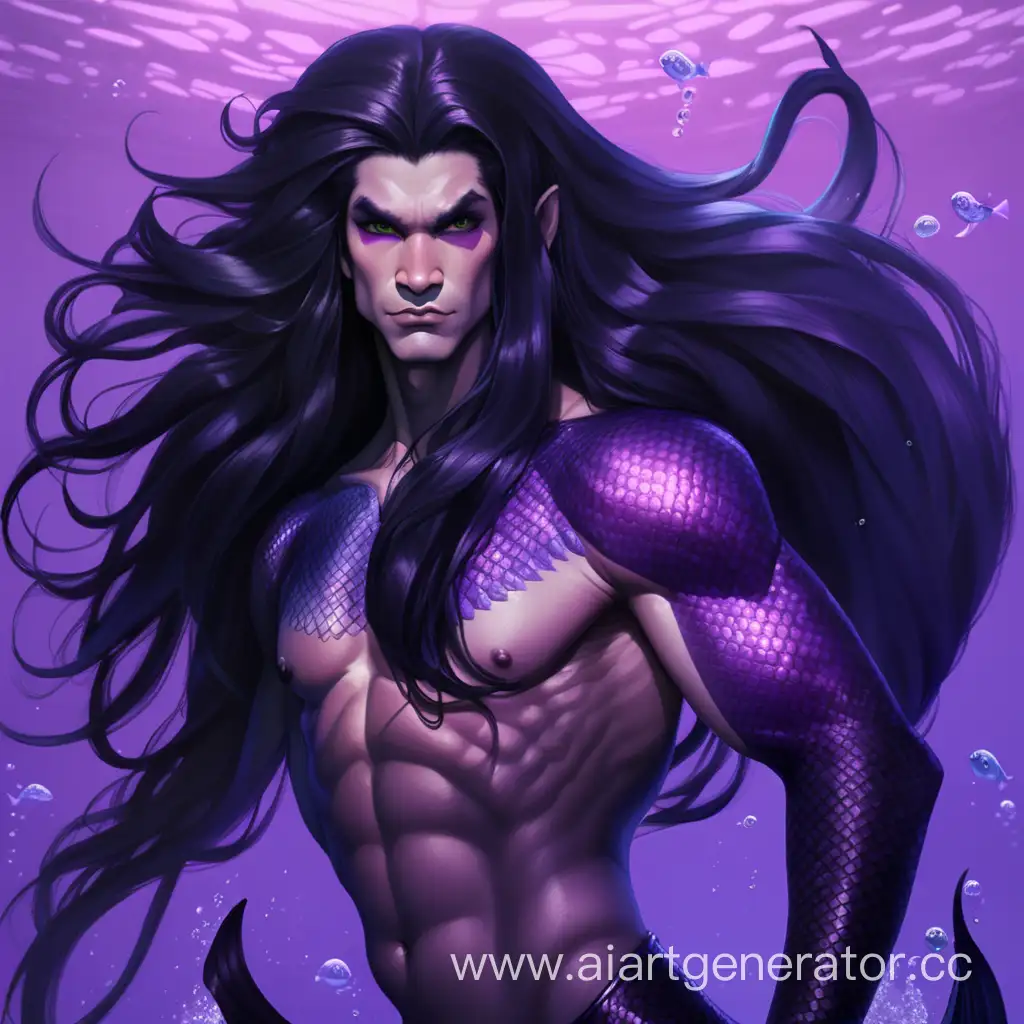 black merman with long black hair and purple fins