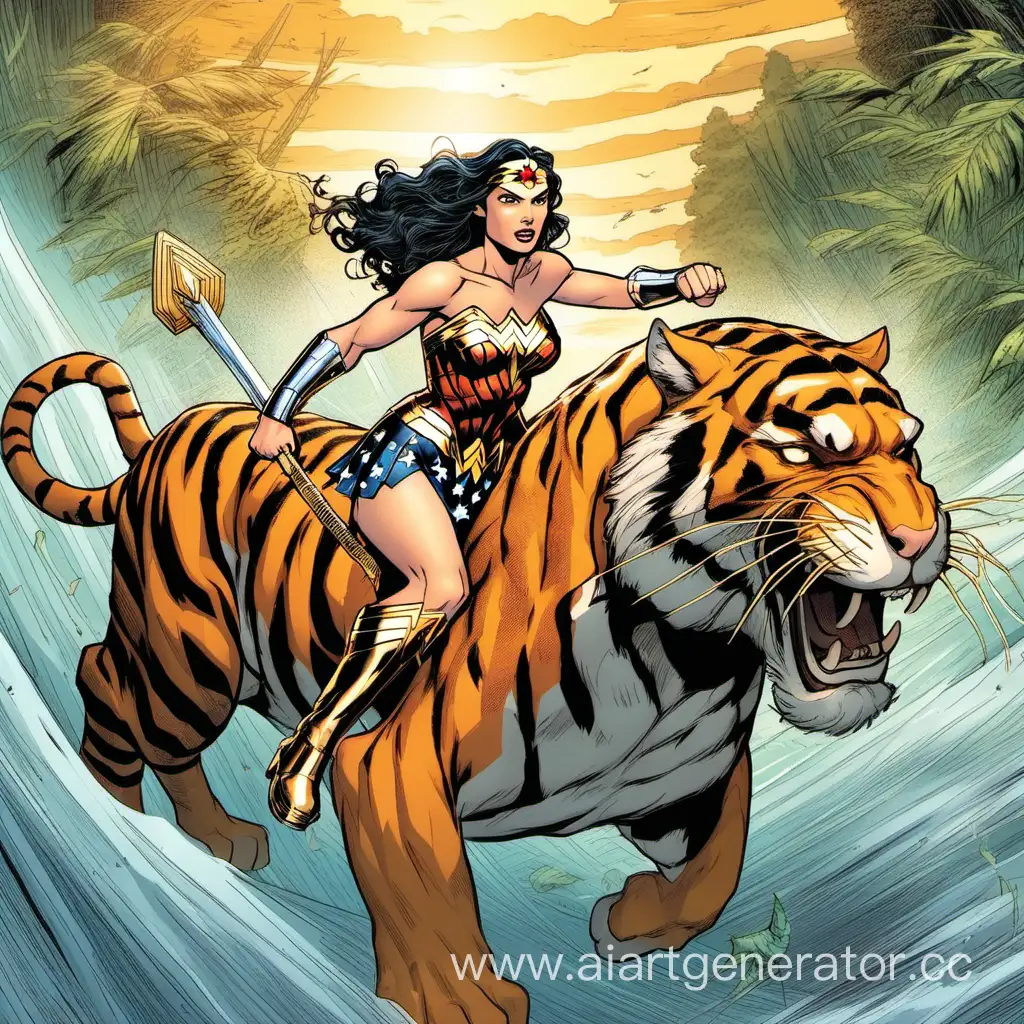 wonder woman riding a tiger 