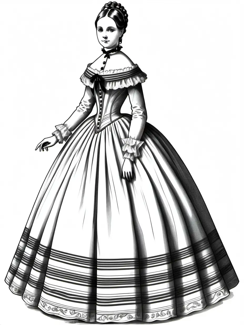 1860's themed gown, show the bottom of the gown, show the sides of the gown for coloring book, black and white, thick black lines, show 2 inch margin on the bottom of the page