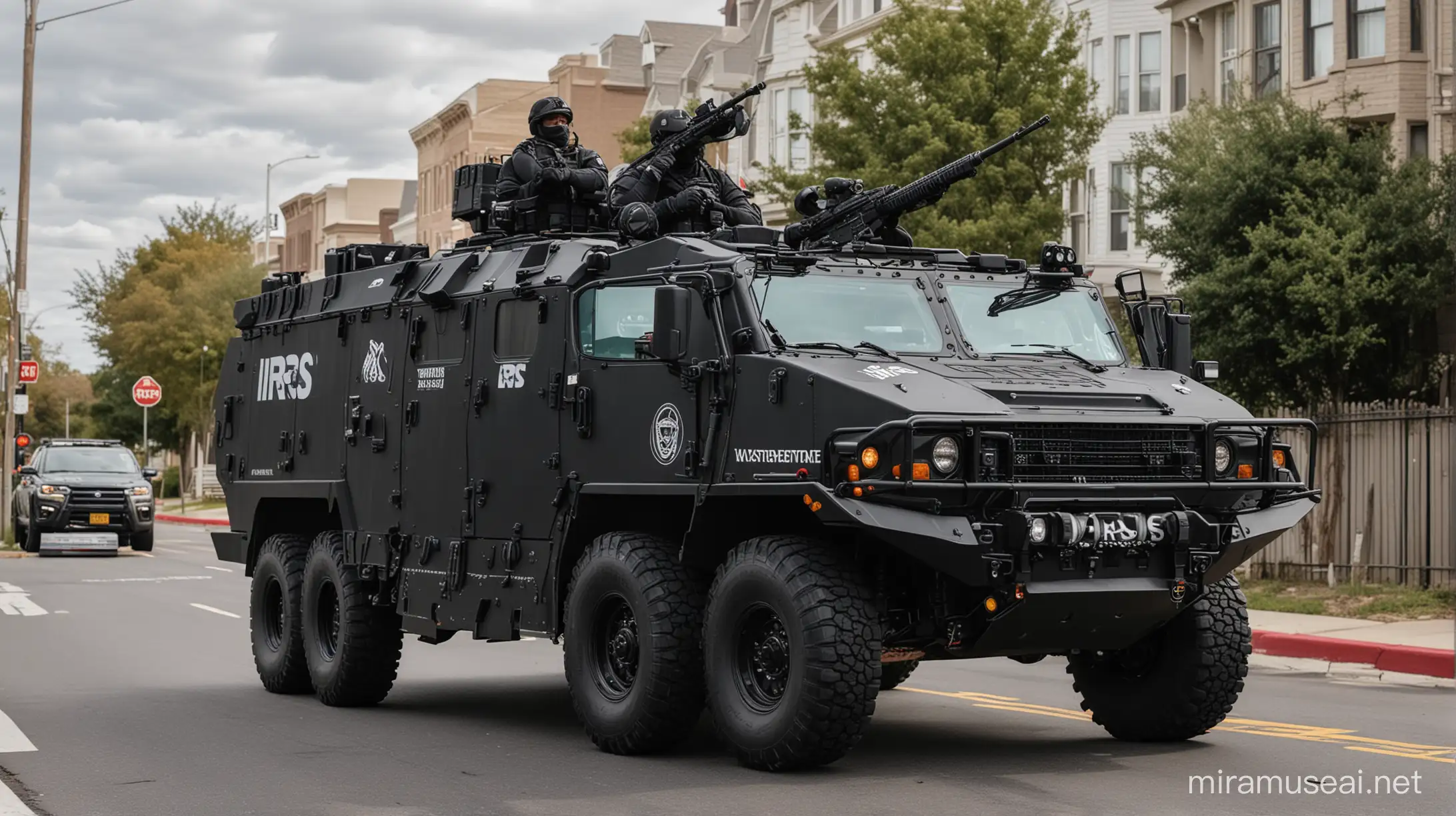 heavily armoured black bushmaster vehicle on US residential street. The vehicle has the large logo "IRS" on the side with agents wearing black body armour walking alongside the vehicle carrying rifles