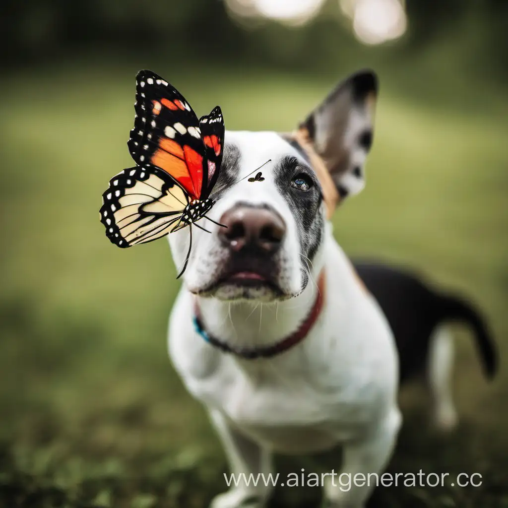 Adorable-Dog-with-Butterfly-on-Its-Nose-Enchanting-Pet-Moment