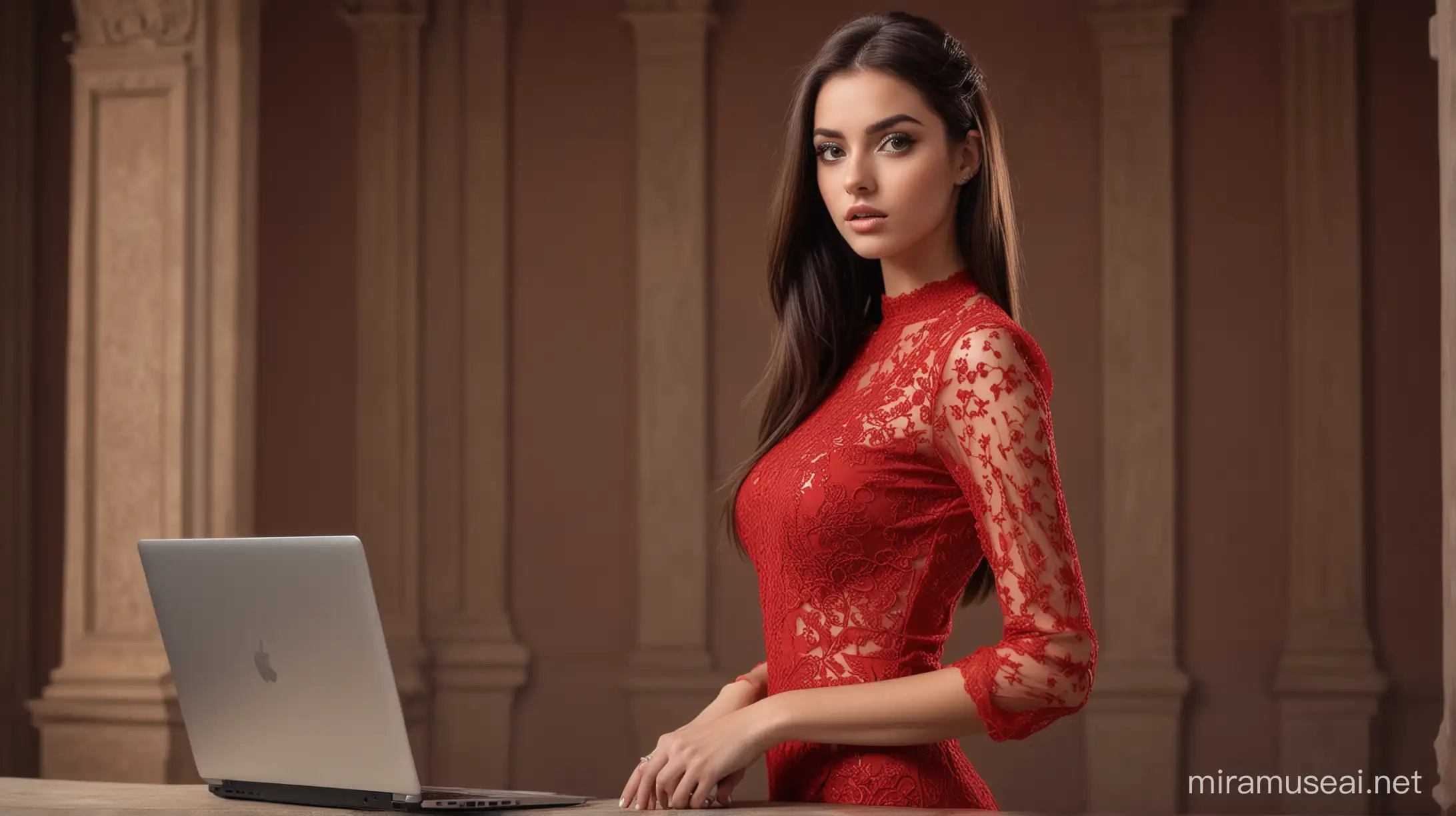 European Arabian Model in Red Dress Poses in Luxurious Office Setting