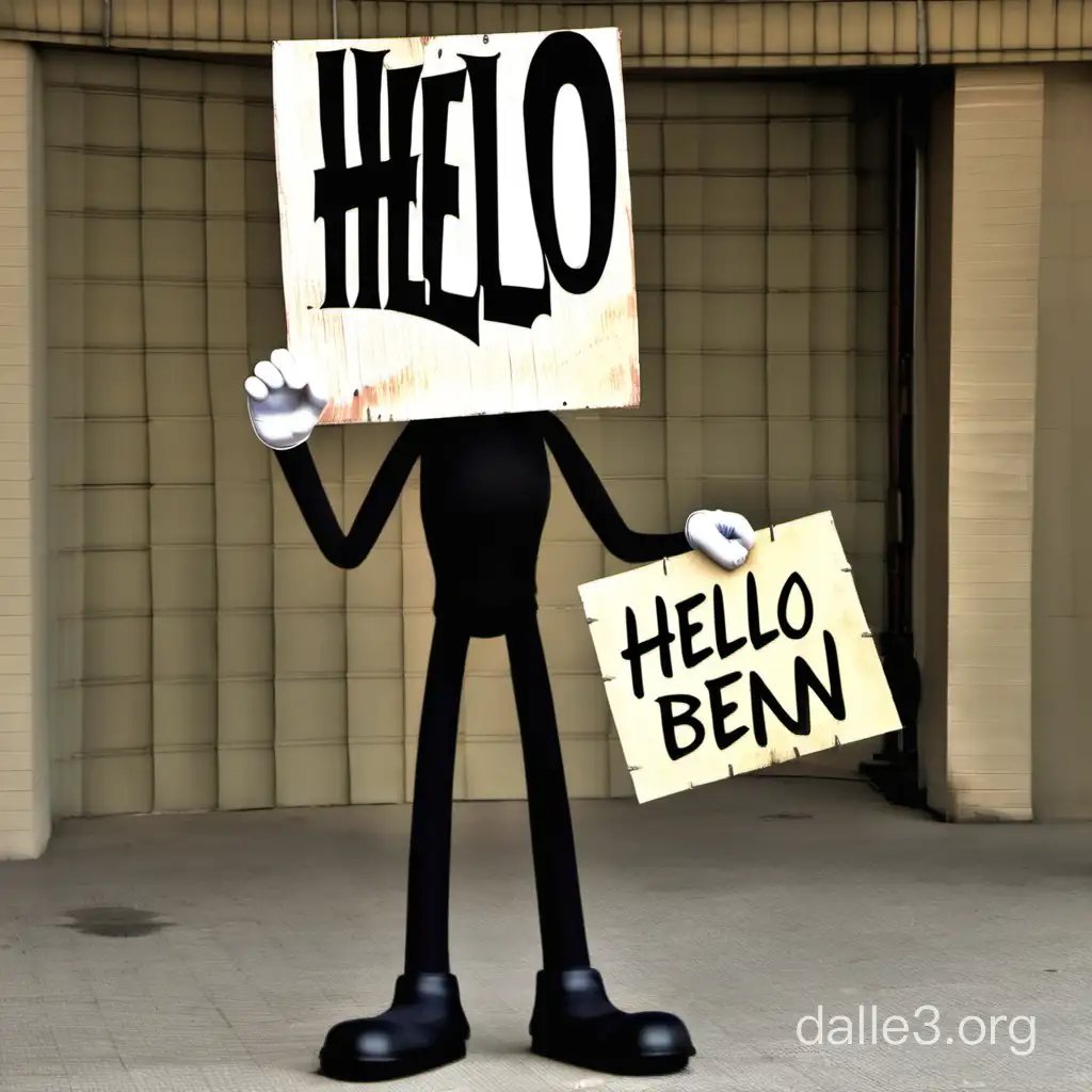 Bendy con un cartel que diga Hello Ben