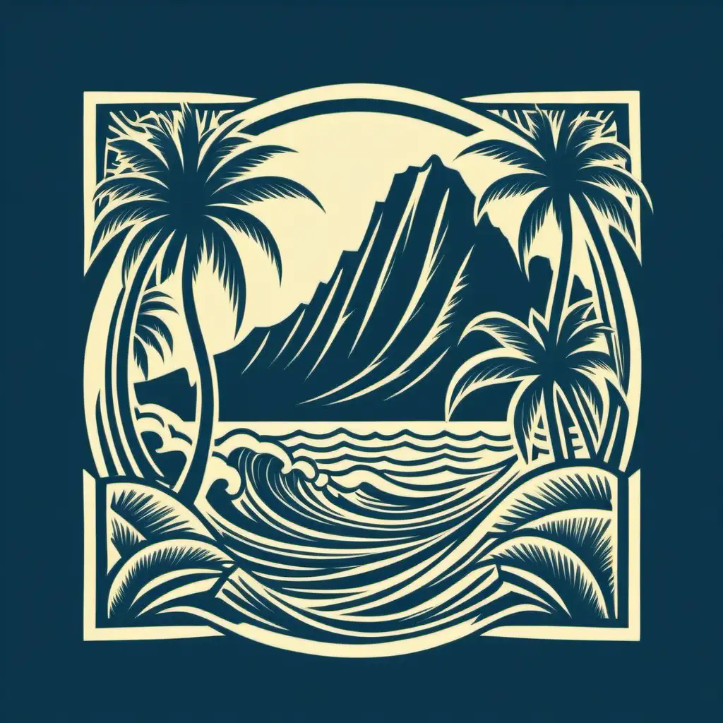 use image to reference block print style, create a  logo, block print, Hawaiian cultural looking, 1-2 color, Maui island silouette, 
  vector image, no words on logo. include ocean, taro and  ulu plant on bottom/front


