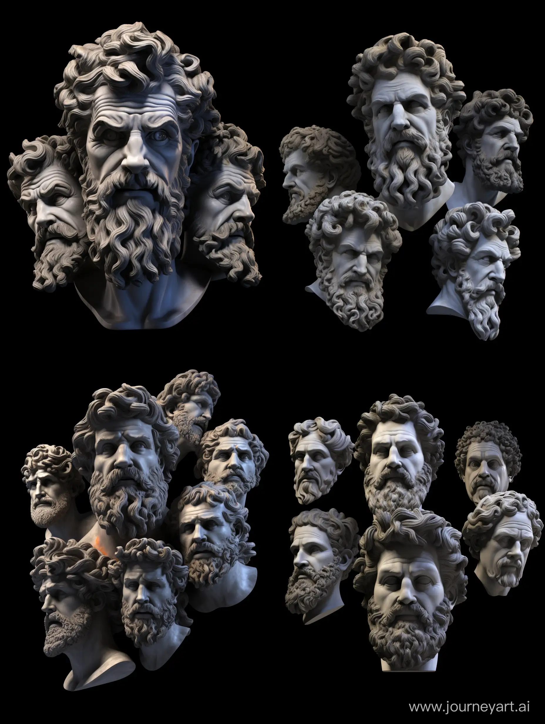 Generate a 8k resolution image of a collection of Stoic philosophy statue heads, with a black background and ultra-realistic portrayal. Ensure the image is centered on the canvas. The artwork should feature a mix of ancient Greek and Roman Stoic philosophers, with a focus on their wisdom and intellectual prowess. Incorporate elements of Stoic philosophy, such as the virtues, the four cardinal virtues, and the golden mean, to create a visually striking and meaningful composition, relistic, cinematic lighting, --ar 3:4 --q 2