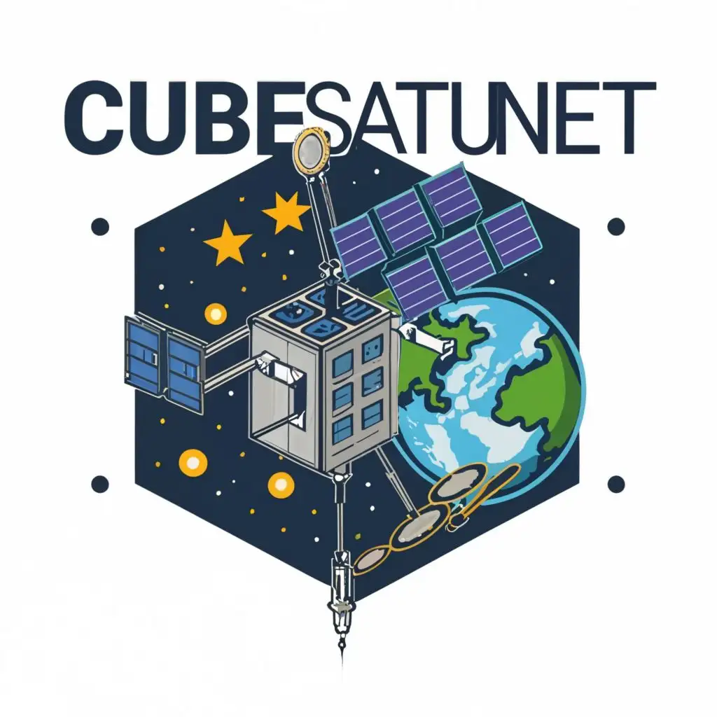 logo, Cubic, Satellite, earth orbit, solar panel, antennna, white background, dark blue, octagon shield, with the text "cubesatunet", typography, be used in Education, technology industry