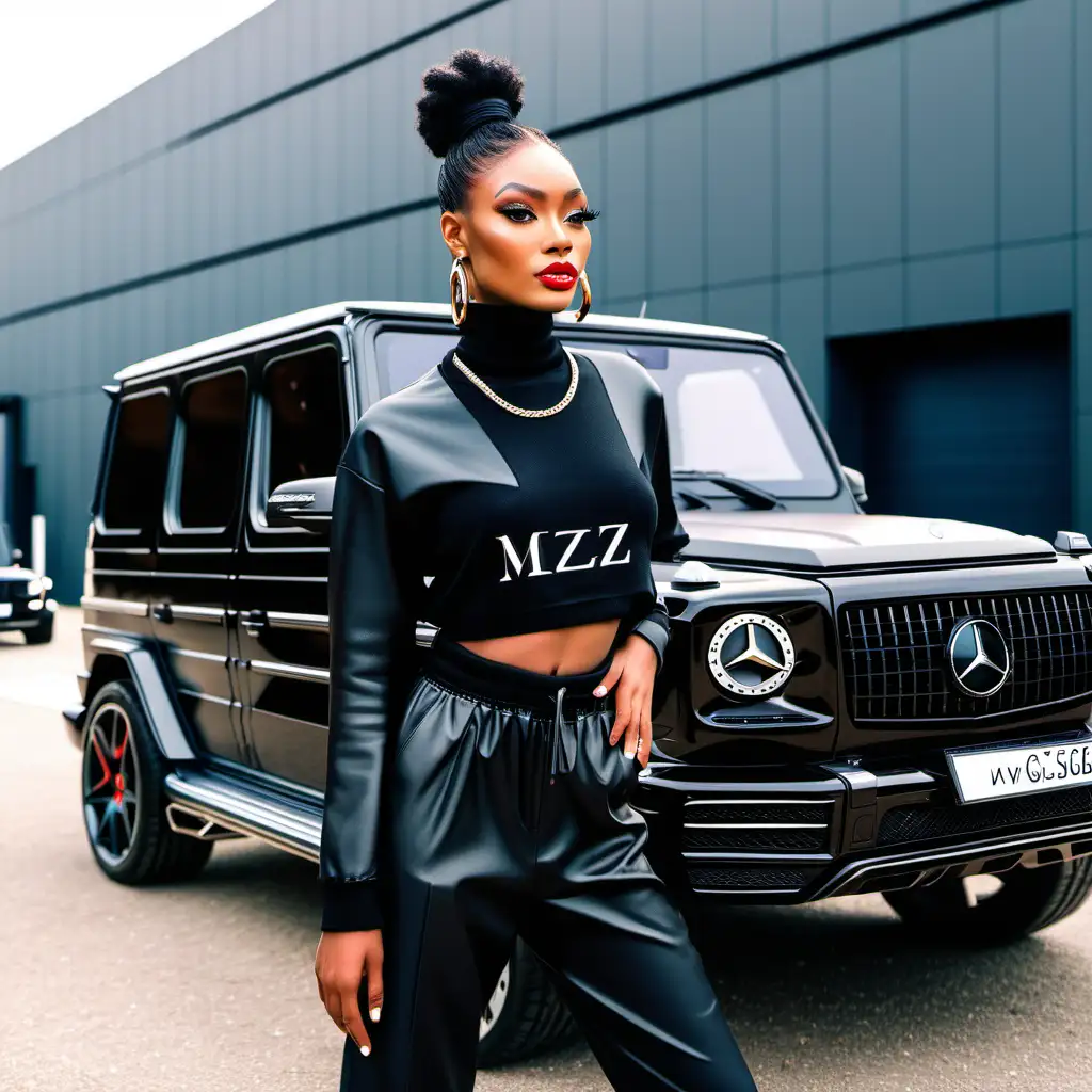  Black model wearing MZ luxury Fashion  with 2024 Mercedes  g wagon in the background 