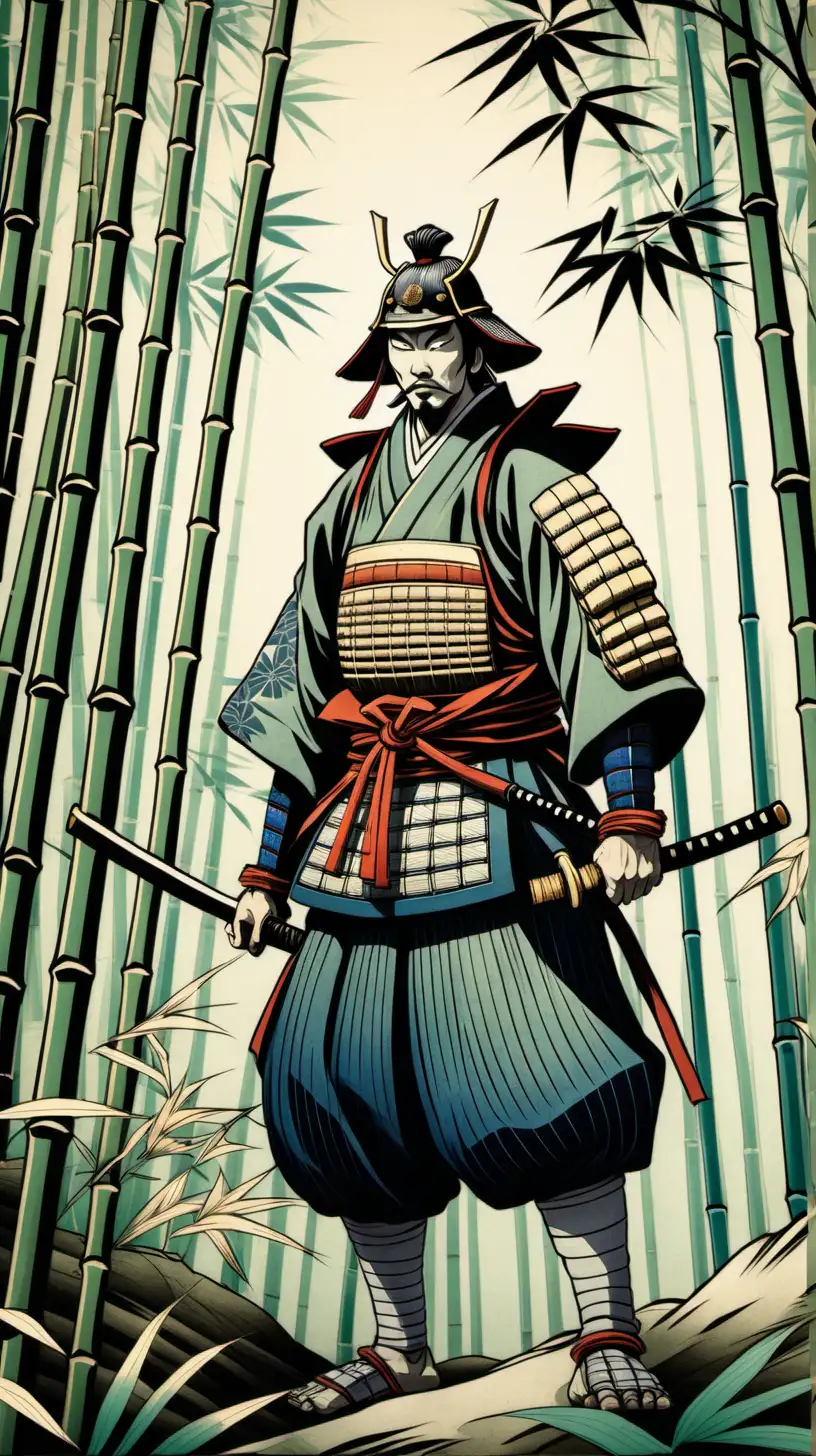 Ukiyo-e Style artwork of a samurai in the bamboo forest, close up shot
