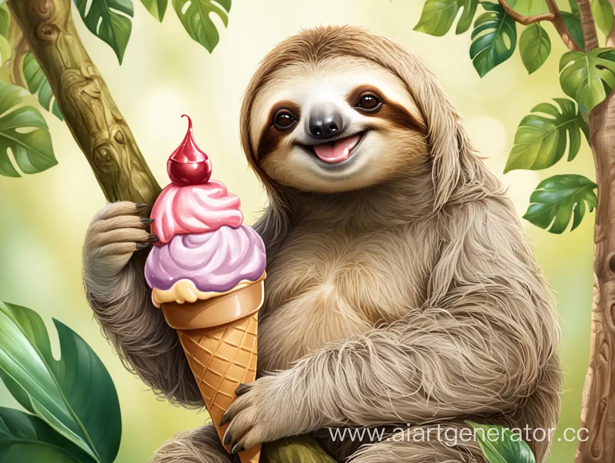 ленивец,улыбается,в лапе мороженое, на дереве сидит